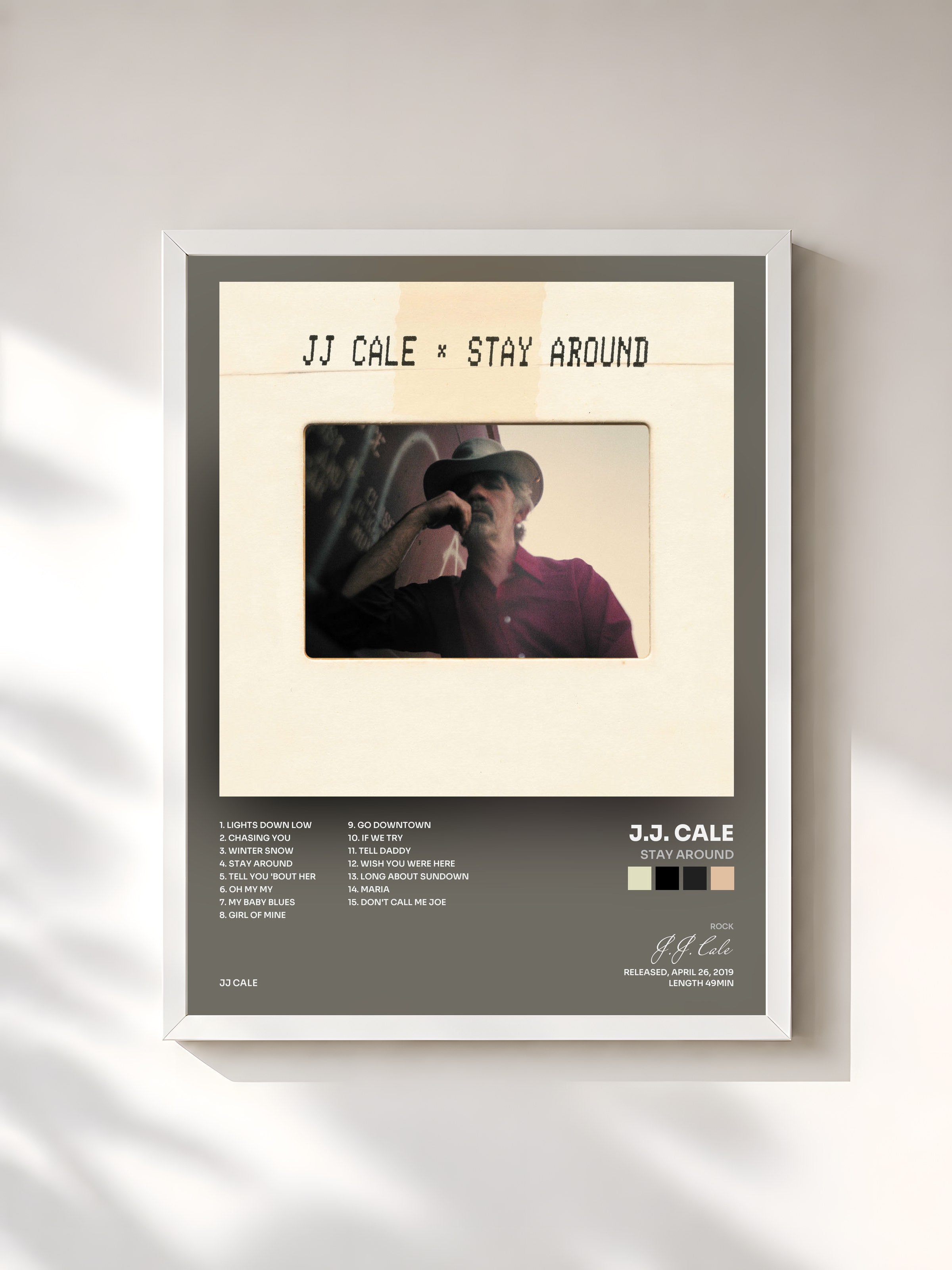 #blanc Tableau de l'album Stay Around de J.J. Cale, cadre blanc, imprimé et encadré en France