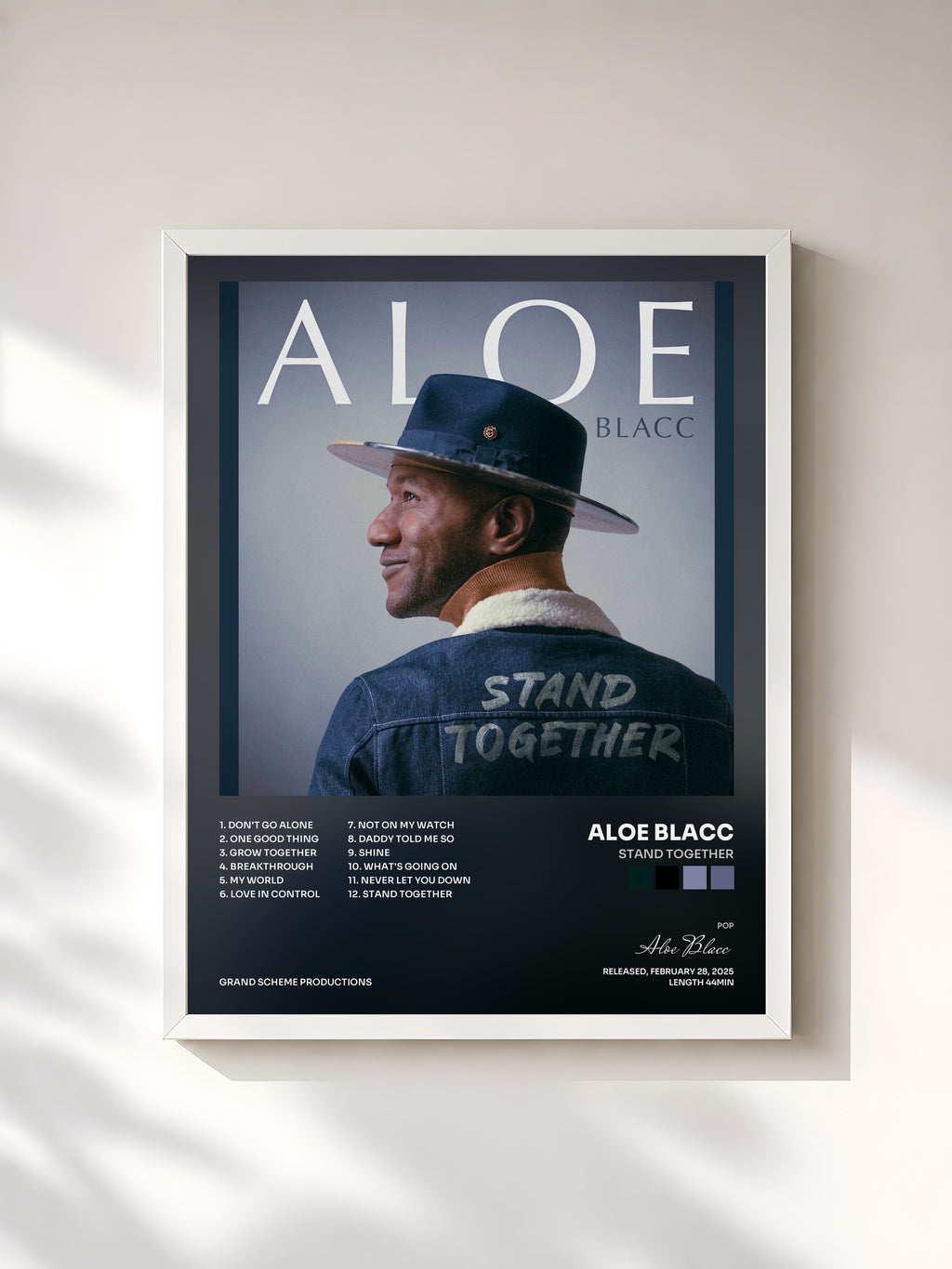 #blanc Tableau de l'album Stand Together de Aloe Blacc, cadre blanc, imprimé et encadré en France