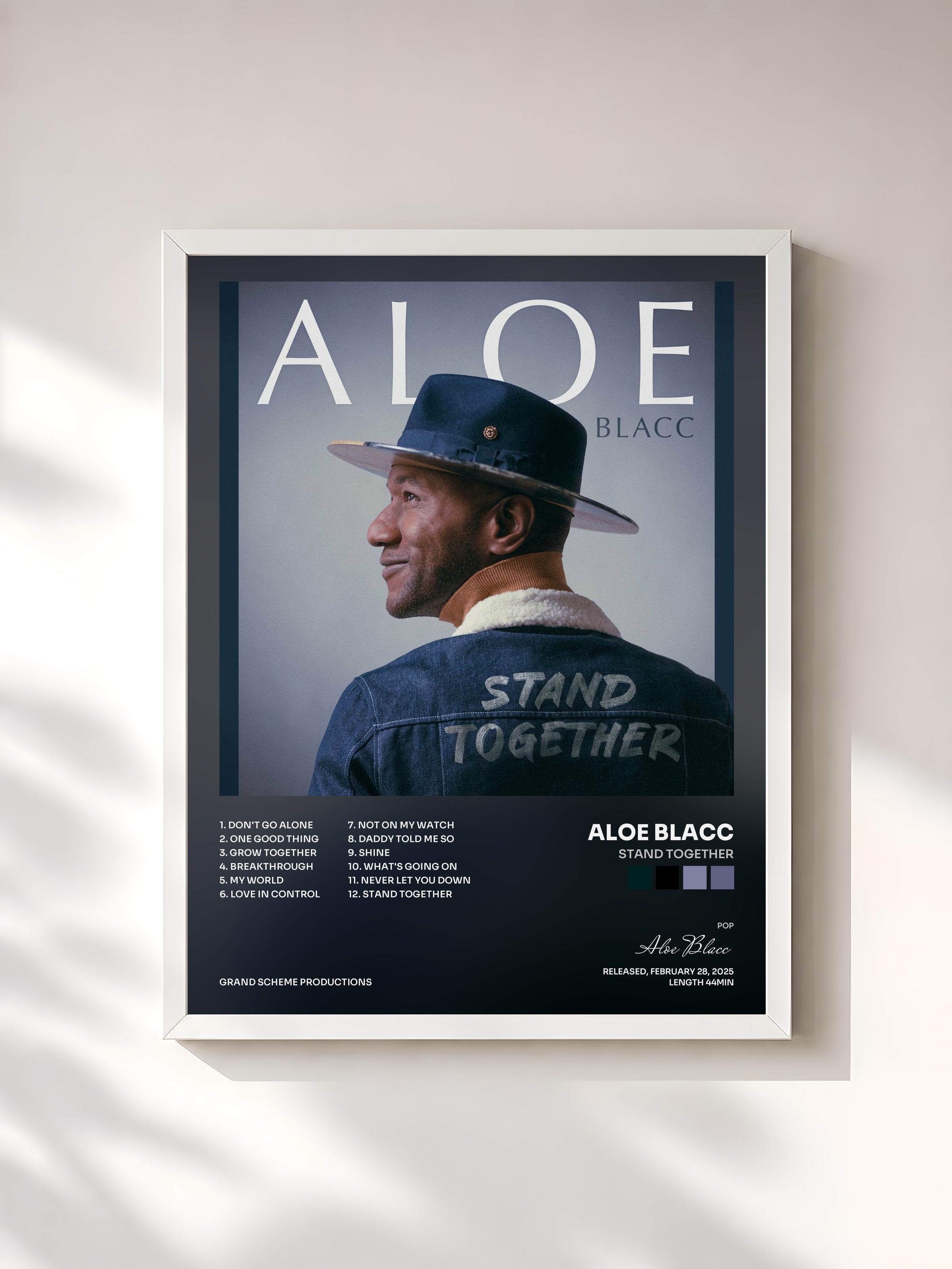 #blanc Tableau de l'album Stand Together de Aloe Blacc, cadre blanc, imprimé et encadré en France