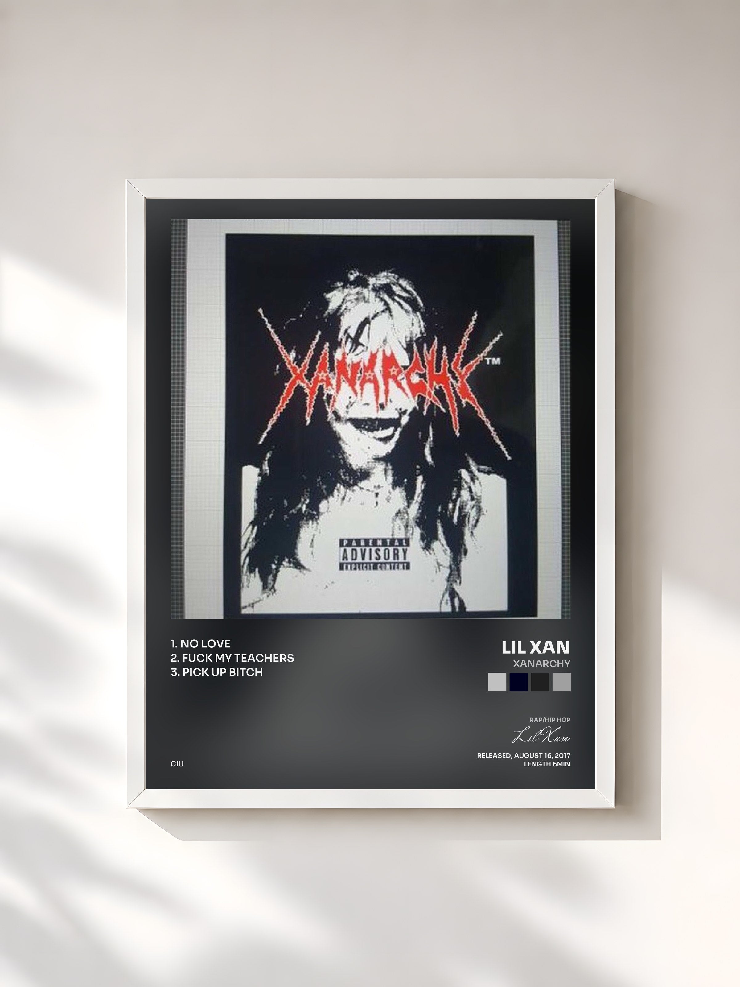 #blanc Tableau de l'album Xanarchy de Lil Xan, cadre blanc, imprimé et encadré en France