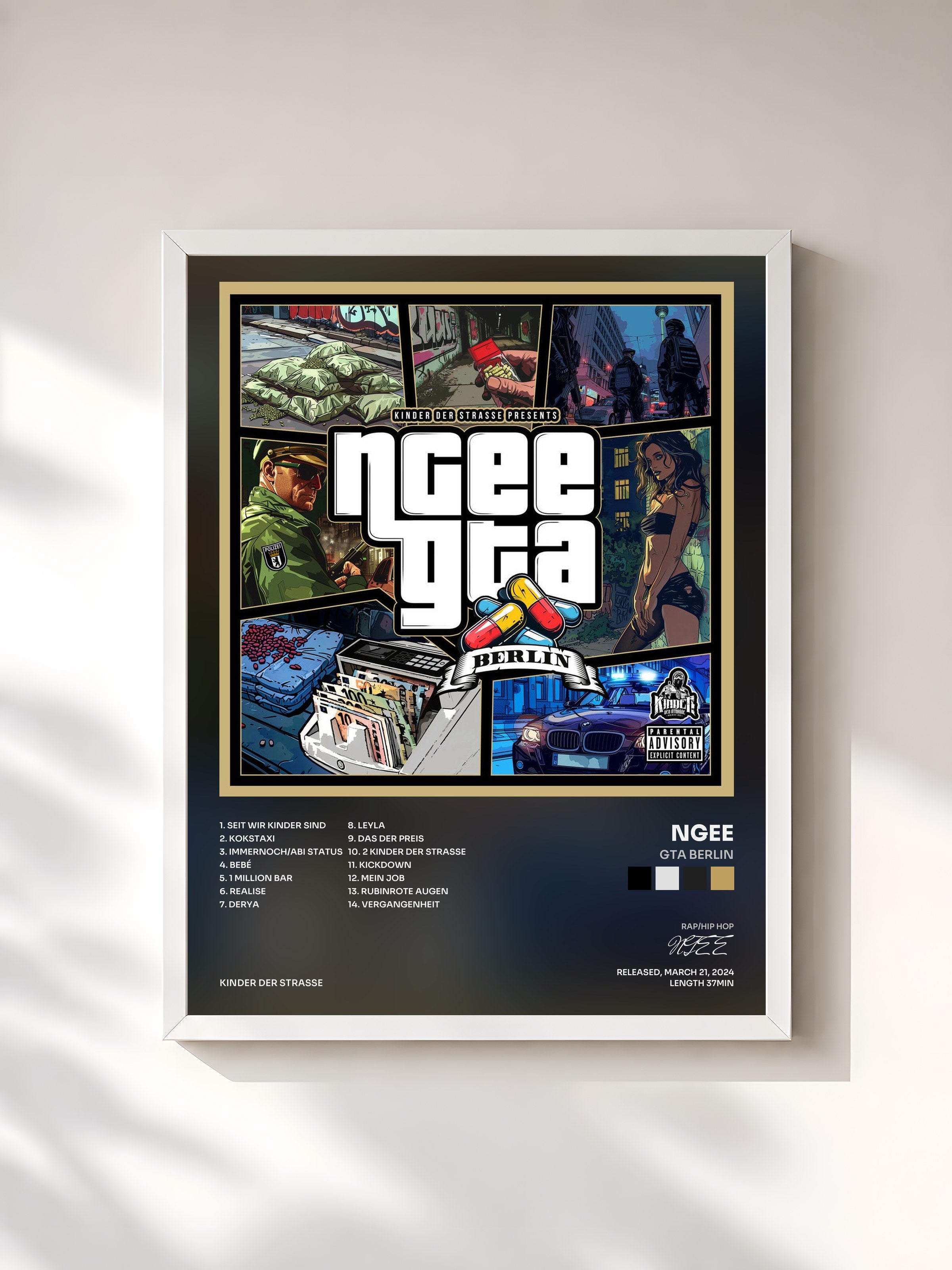 #blanc Tableau de l'album GTA BERLIN de NGEE, cadre blanc, imprimé et encadré en France