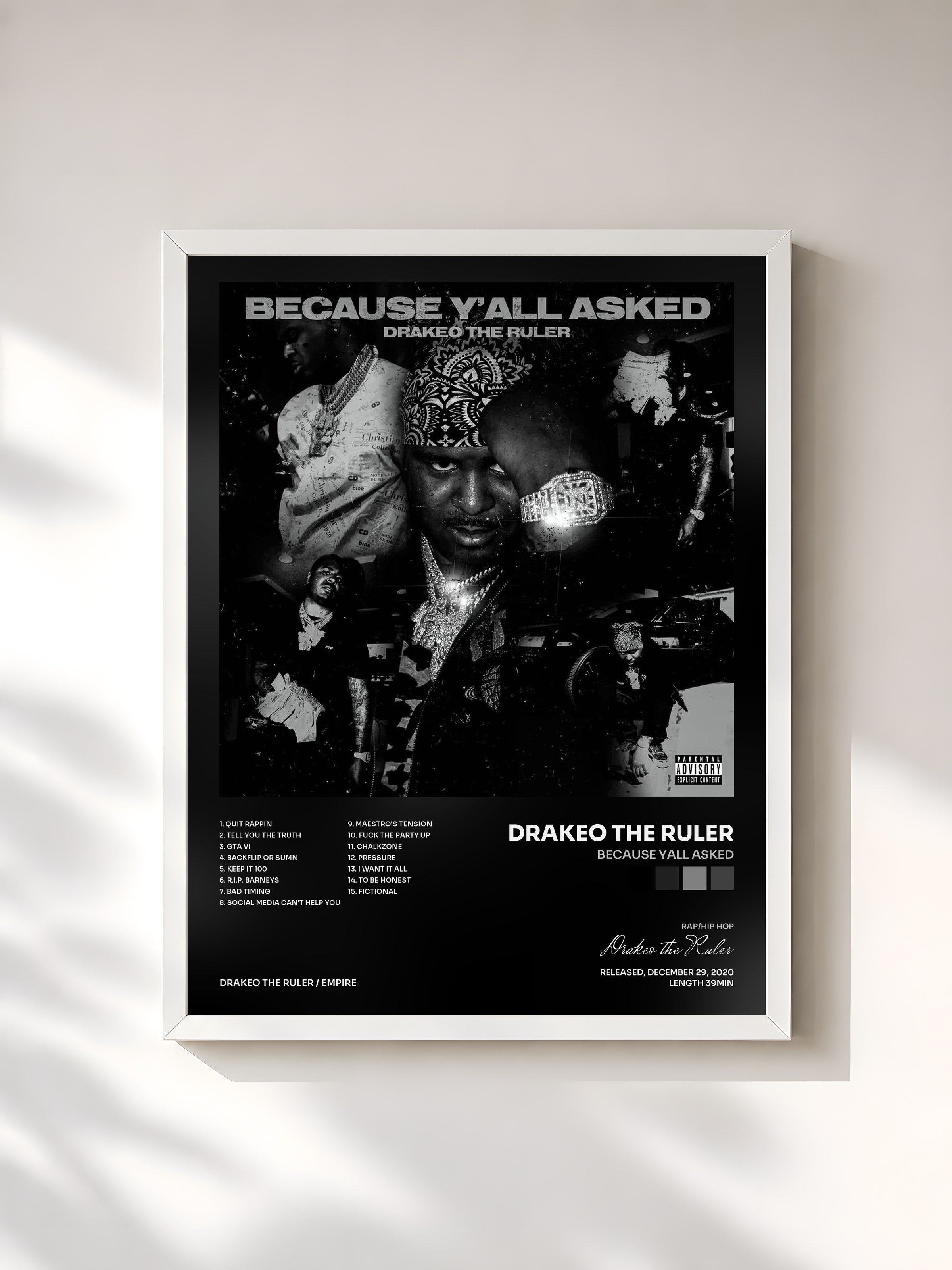 #blanc Tableau de l'album Because Yall Asked de Drakeo the Ruler, cadre blanc, imprimé et encadré en France