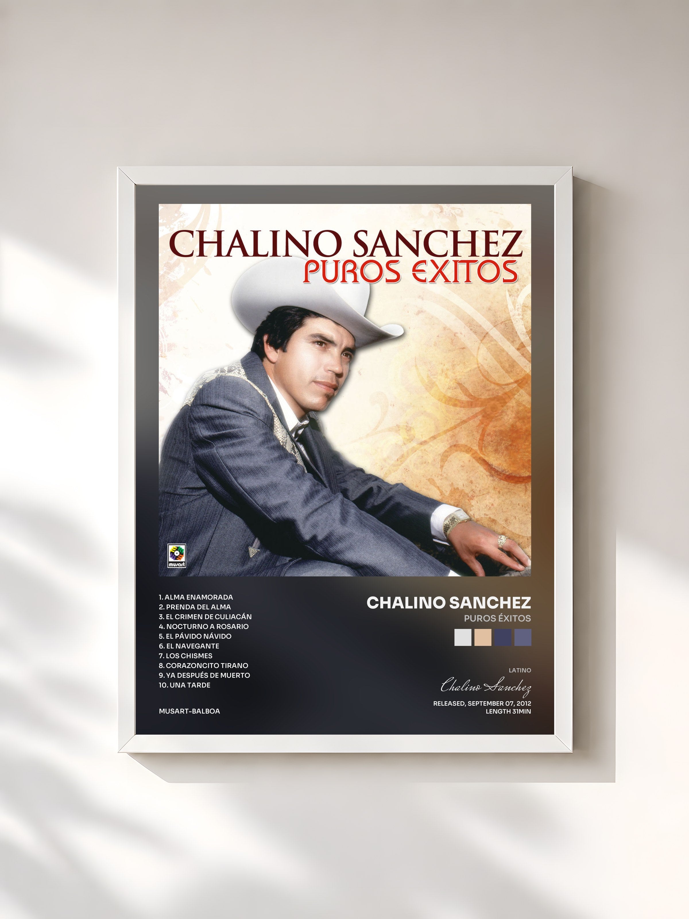 #blanc Tableau de l'album Puros Éxitos de Chalino Sanchez, cadre blanc, imprimé et encadré en France