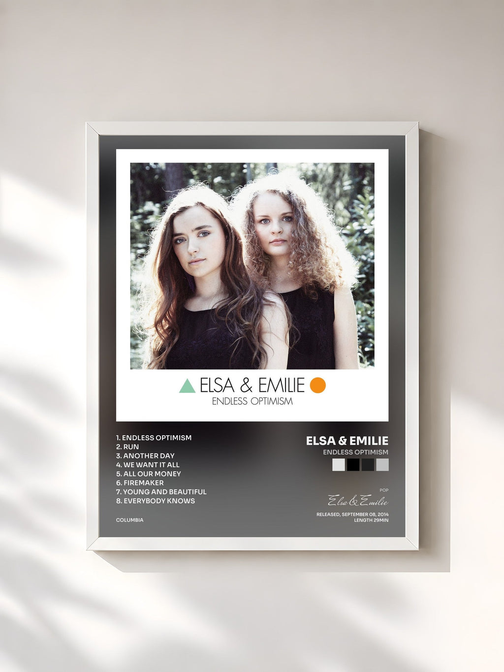 #blanc Tableau de l'album Endless Optimism de Elsa & Emilie, cadre blanc, imprimé et encadré en France