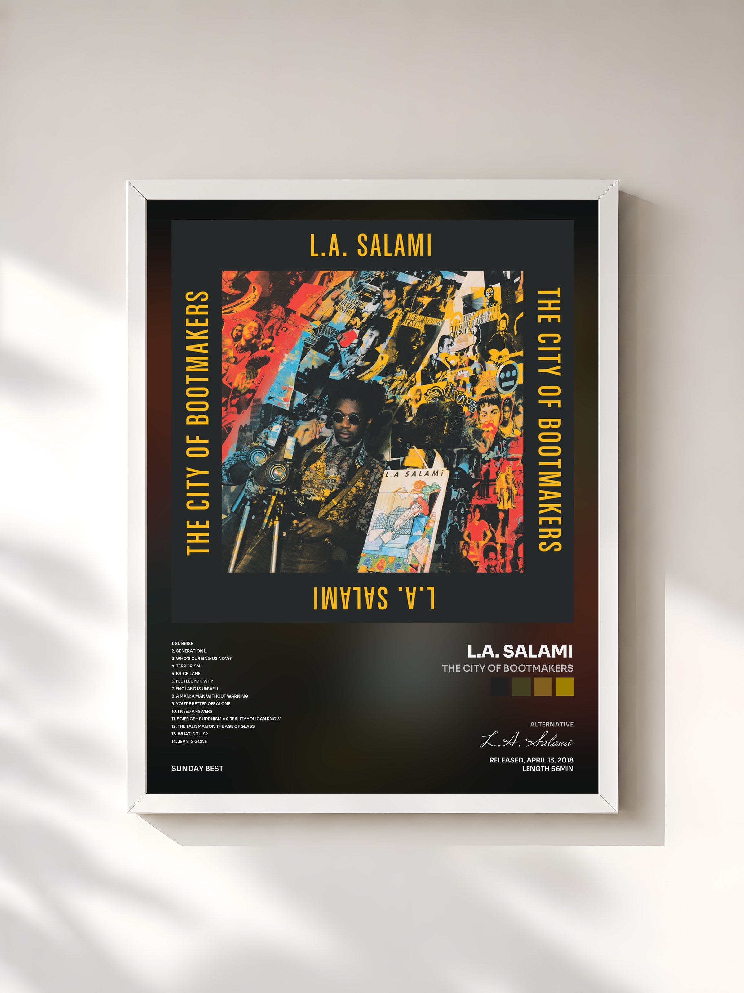 #blanc Tableau de l'album The City of Bootmakers de L.A. Salami, cadre blanc, imprimé et encadré en France