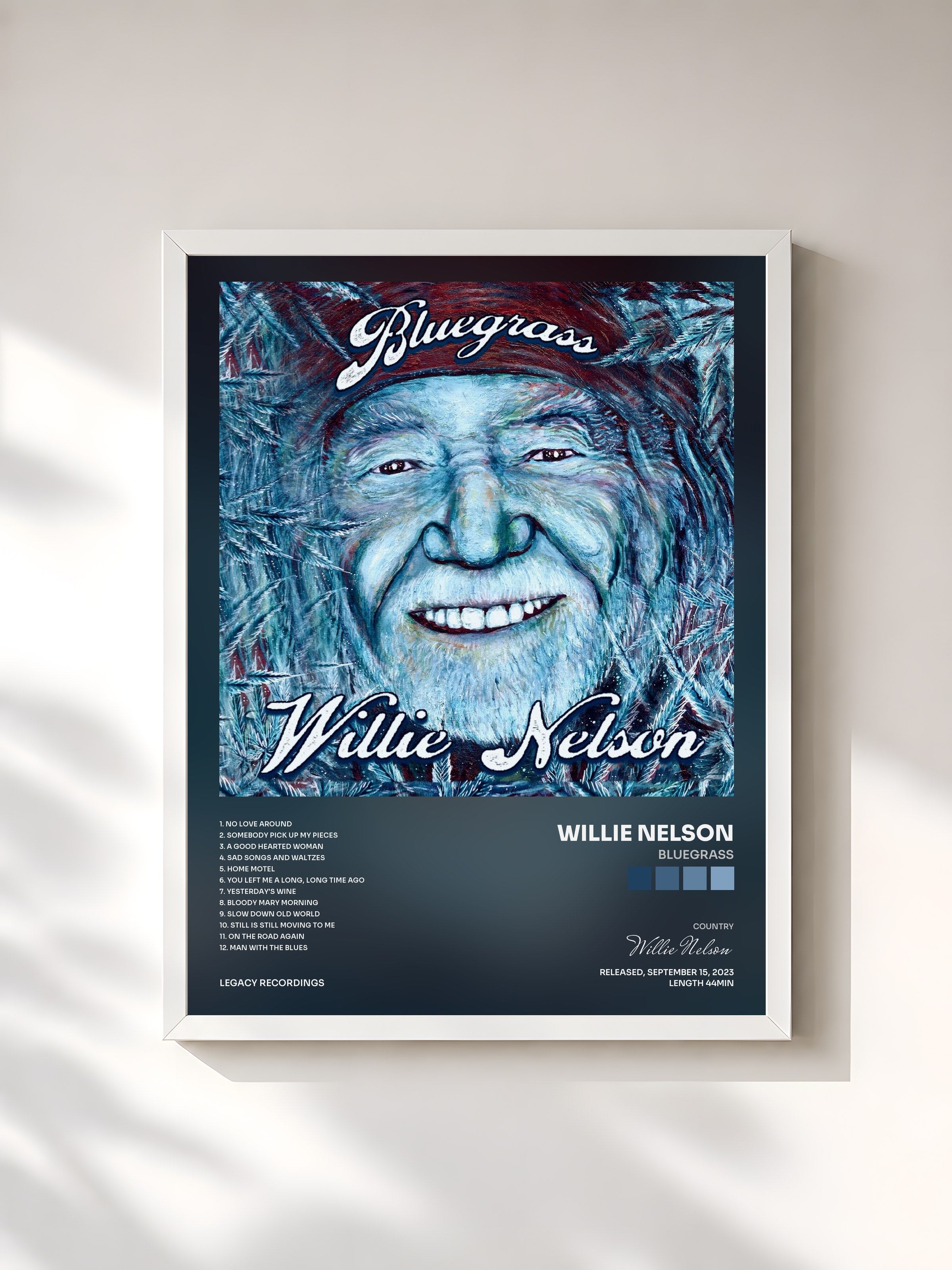 #blanc Tableau de l'album Bluegrass de Willie Nelson, cadre blanc, imprimé et encadré en France