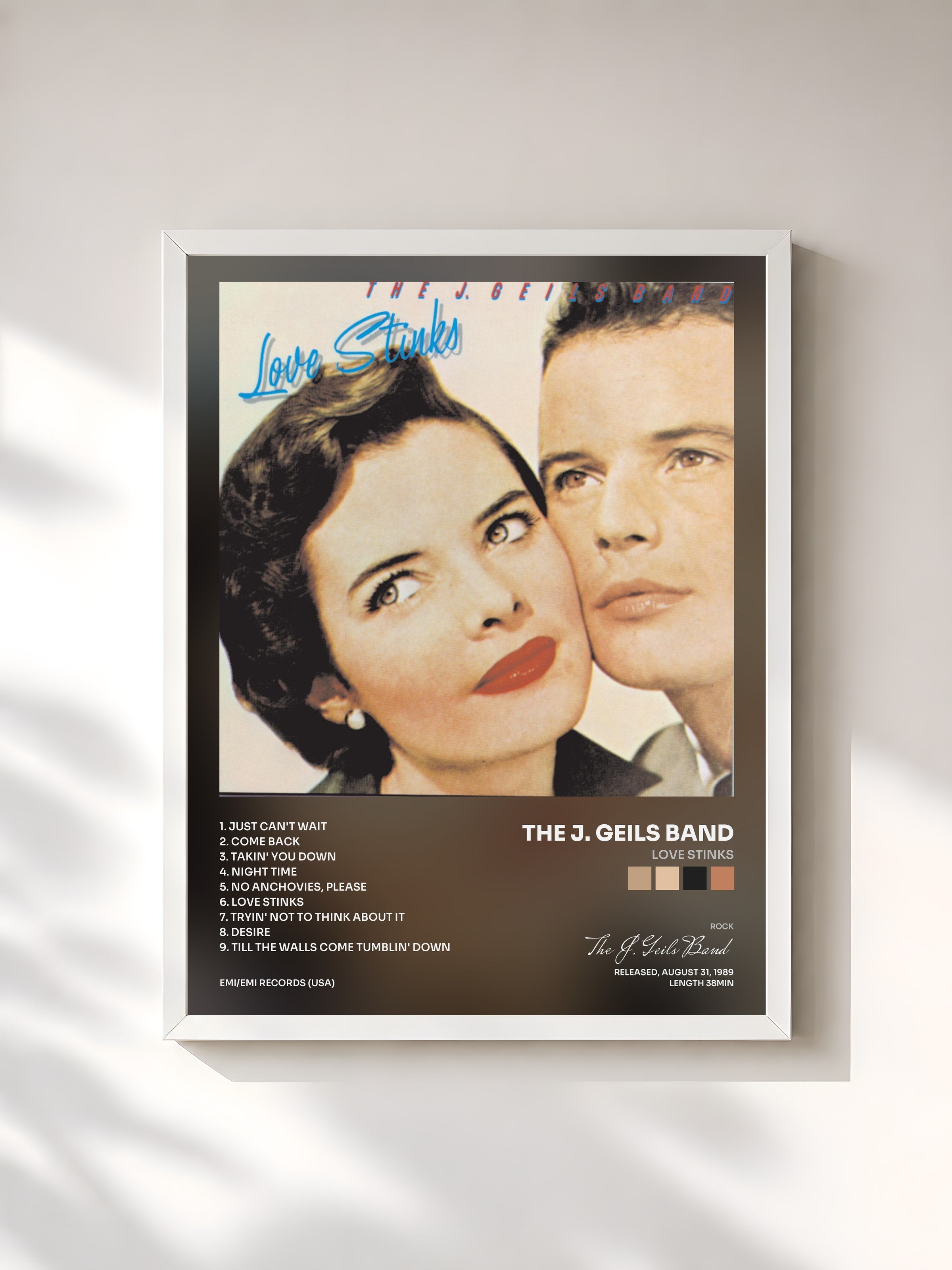 #blanc Tableau de l'album Love Stinks de The J. Geils Band, cadre blanc, imprimé et encadré en France
