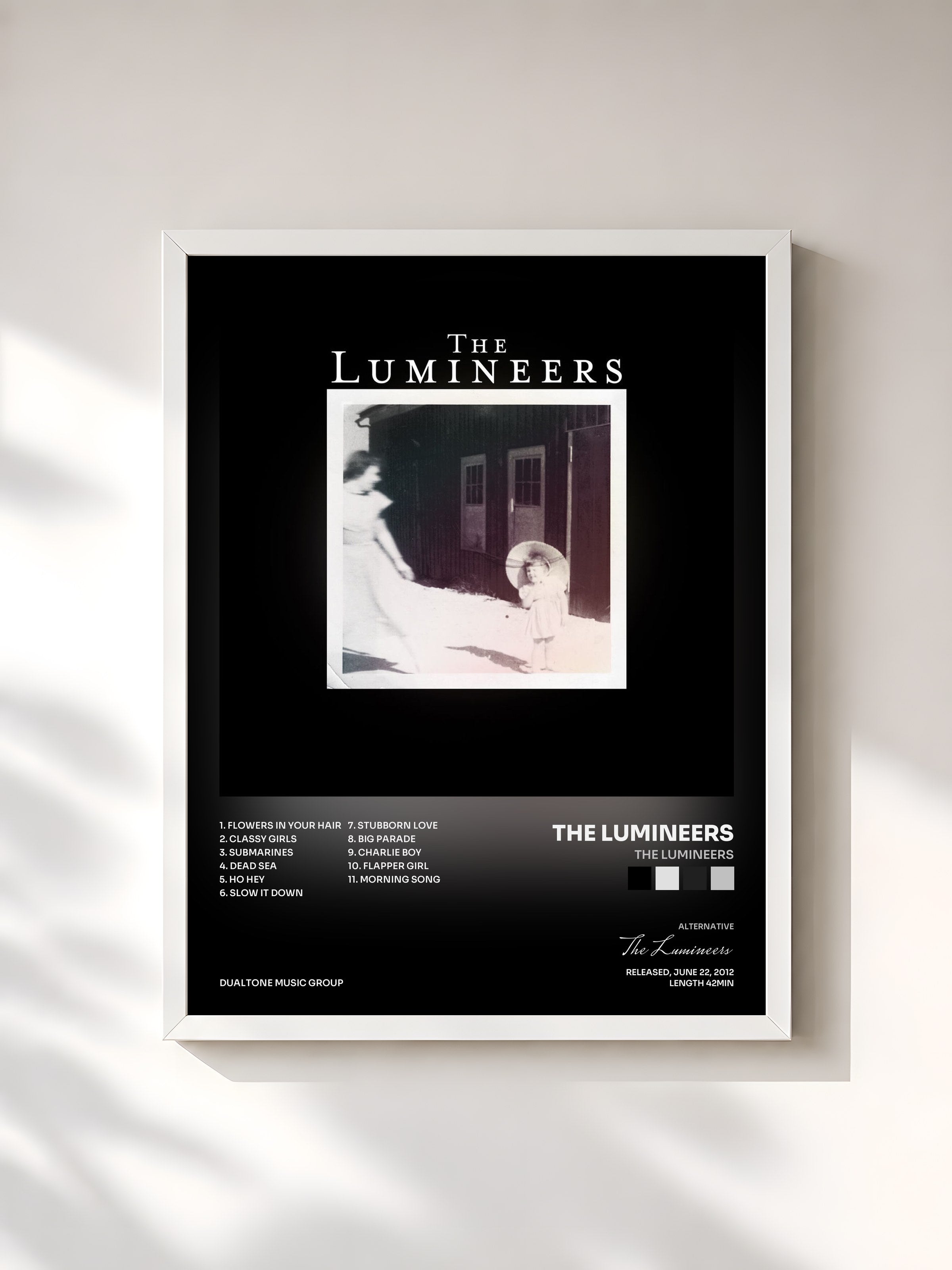 #blanc Tableau de l'album The Lumineers de The Lumineers, cadre blanc, imprimé et encadré en France