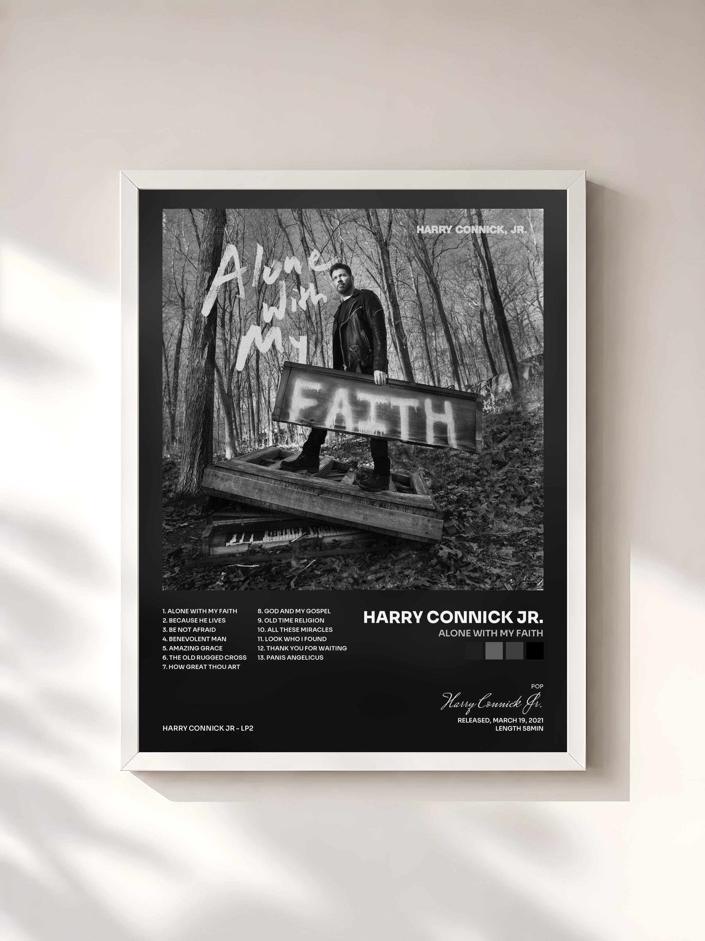 #blanc Tableau de l'album Alone With My Faith de Harry Connick Jr., cadre blanc, imprimé et encadré en France