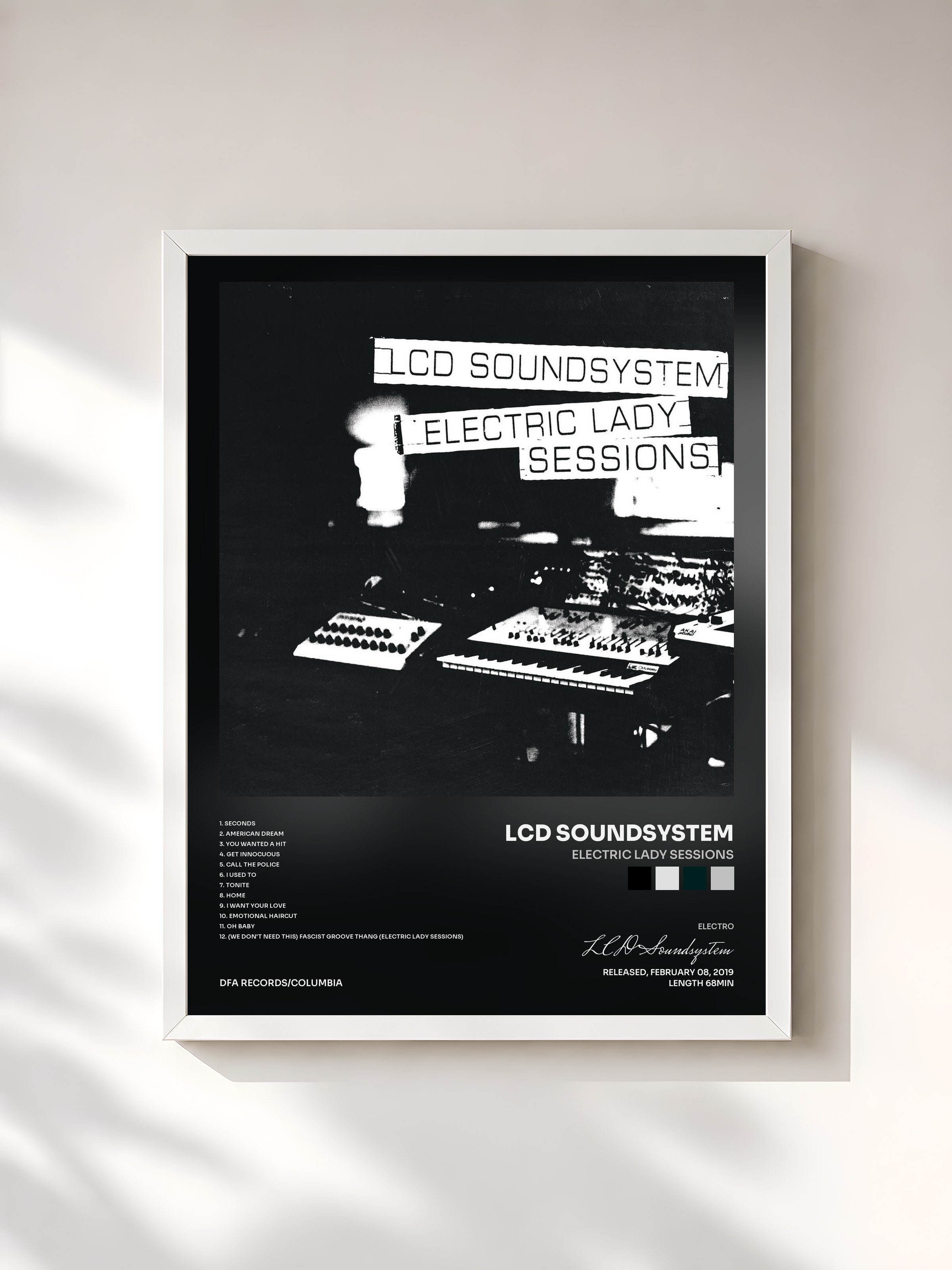 #blanc Tableau de l'album Electric Lady Sessions de LCD Soundsystem, cadre blanc, imprimé et encadré en France