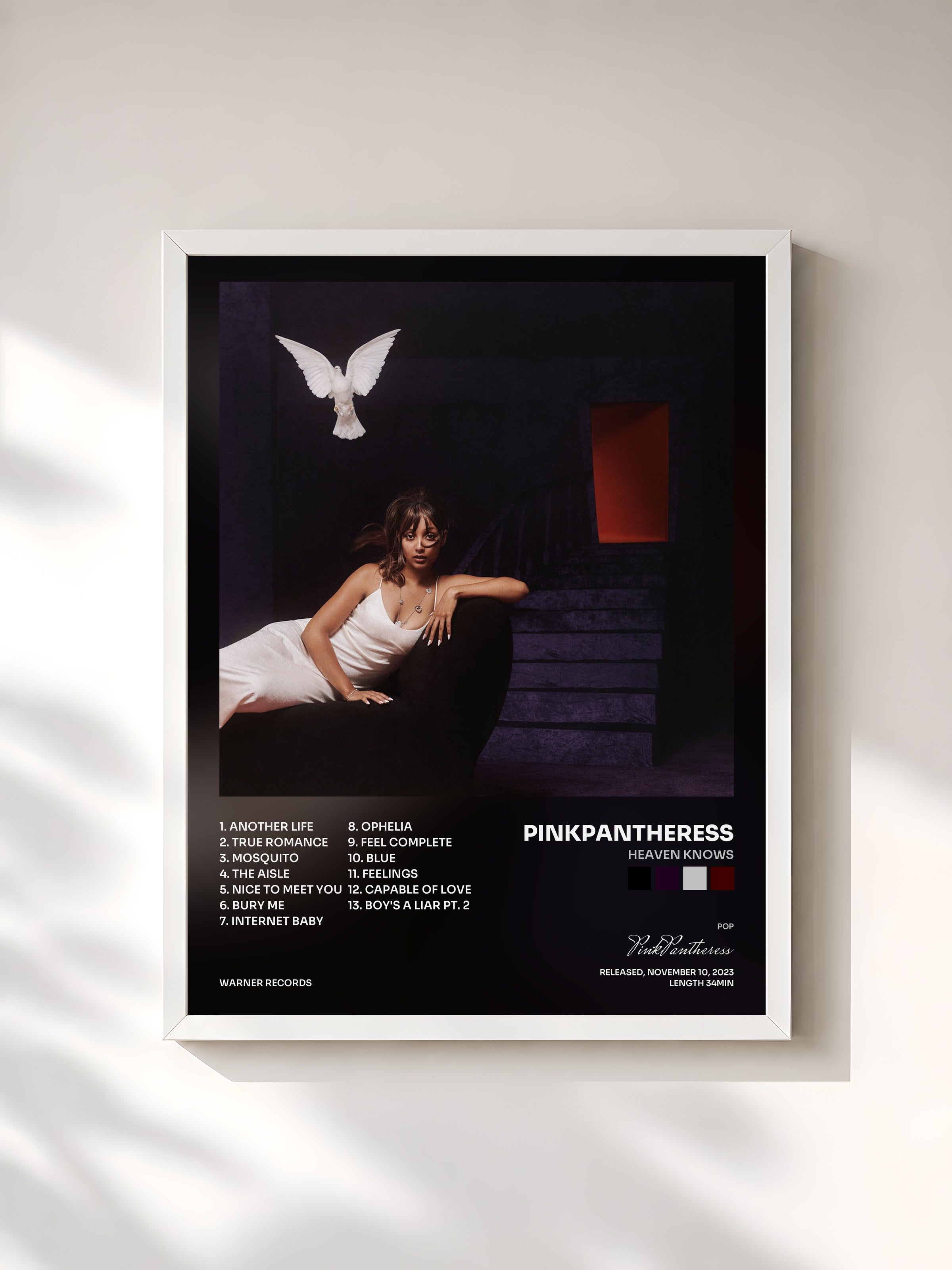 #blanc Tableau de l'album Heaven knows de PinkPantheress, cadre blanc, imprimé et encadré en France