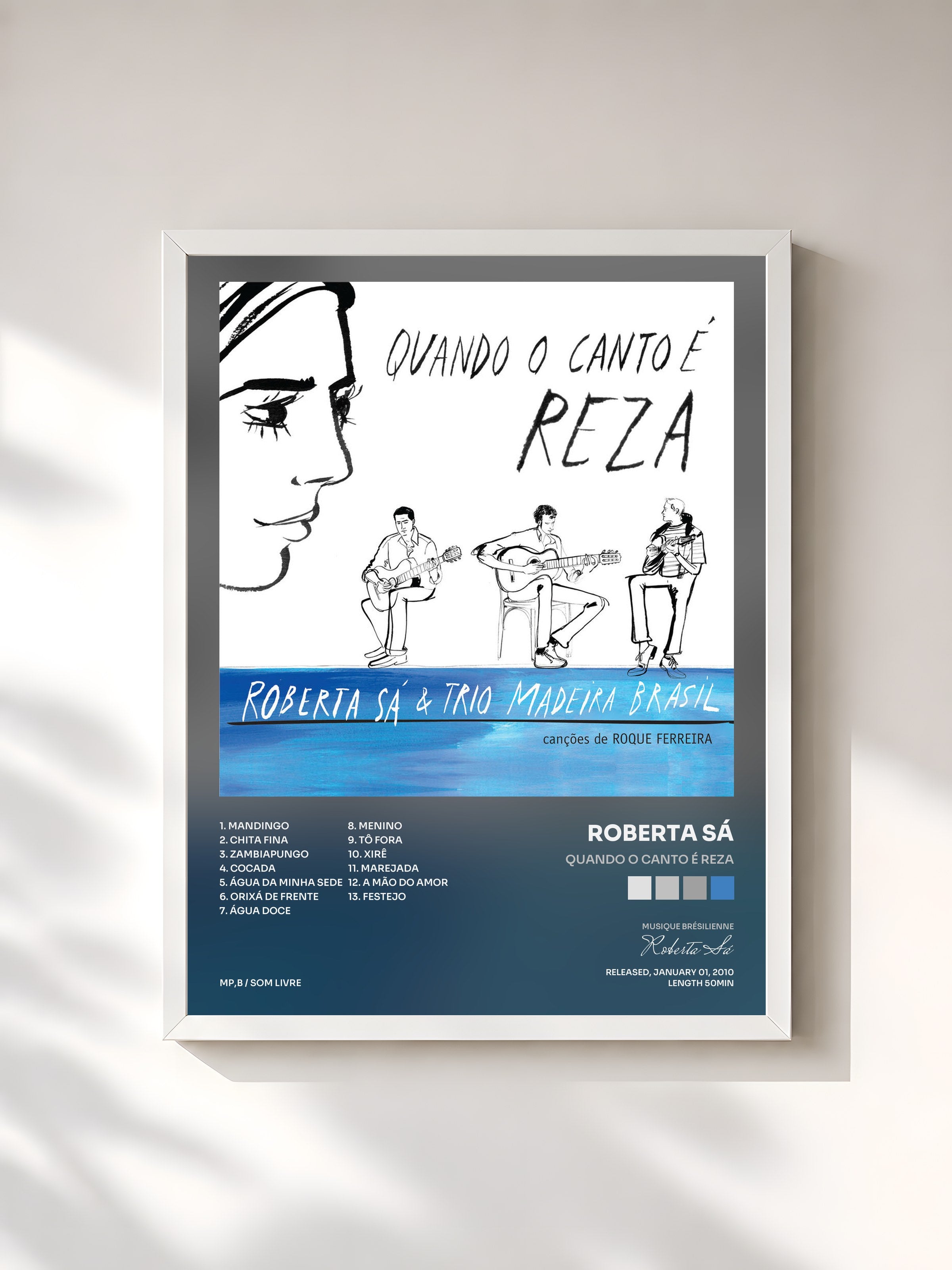 #blanc Tableau de l'album Quando o Canto É Reza de Roberta Sá, cadre blanc, imprimé et encadré en France