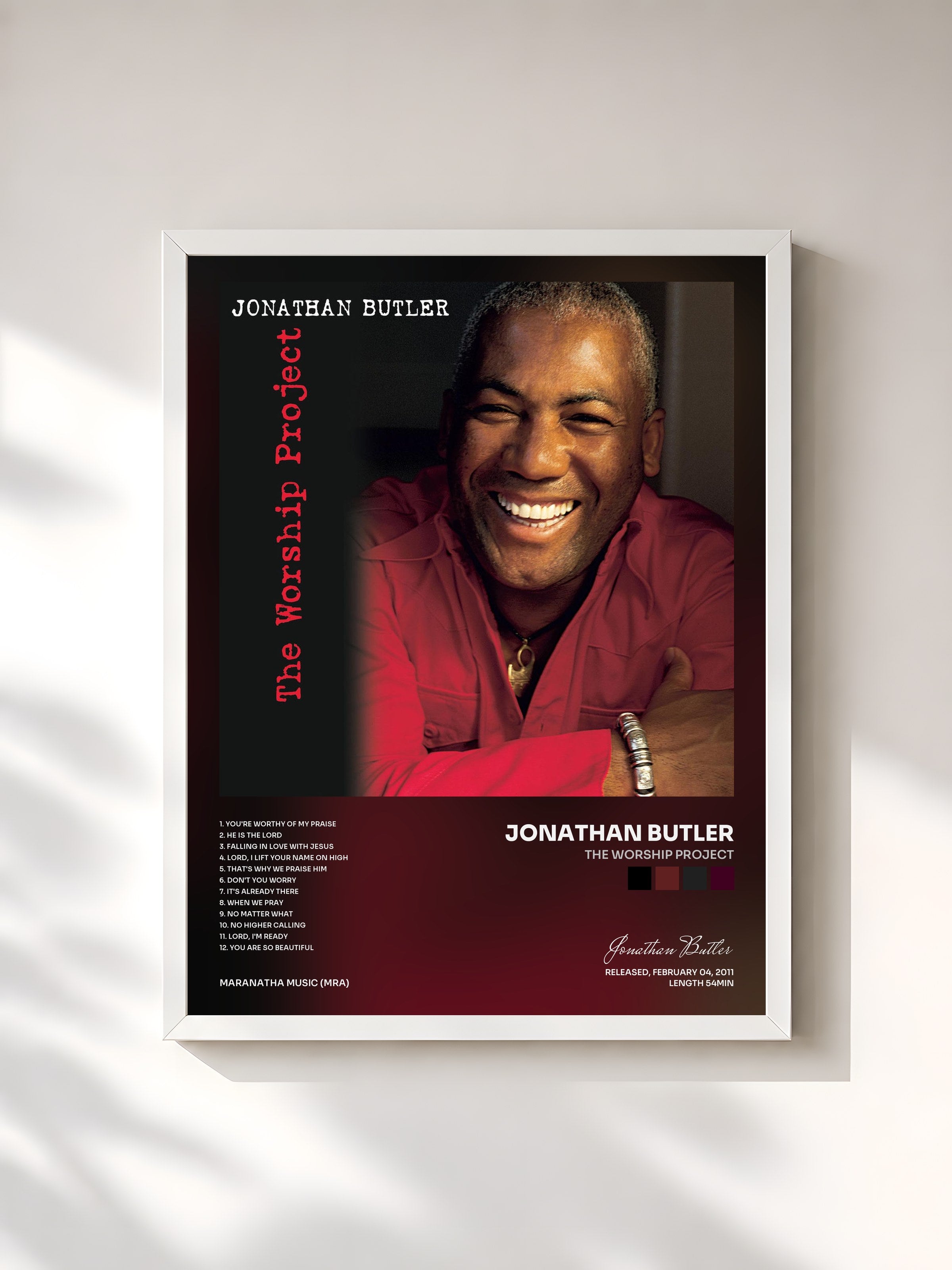 #blanc Tableau de l'album The Worship Project de Jonathan Butler, cadre blanc, imprimé et encadré en France