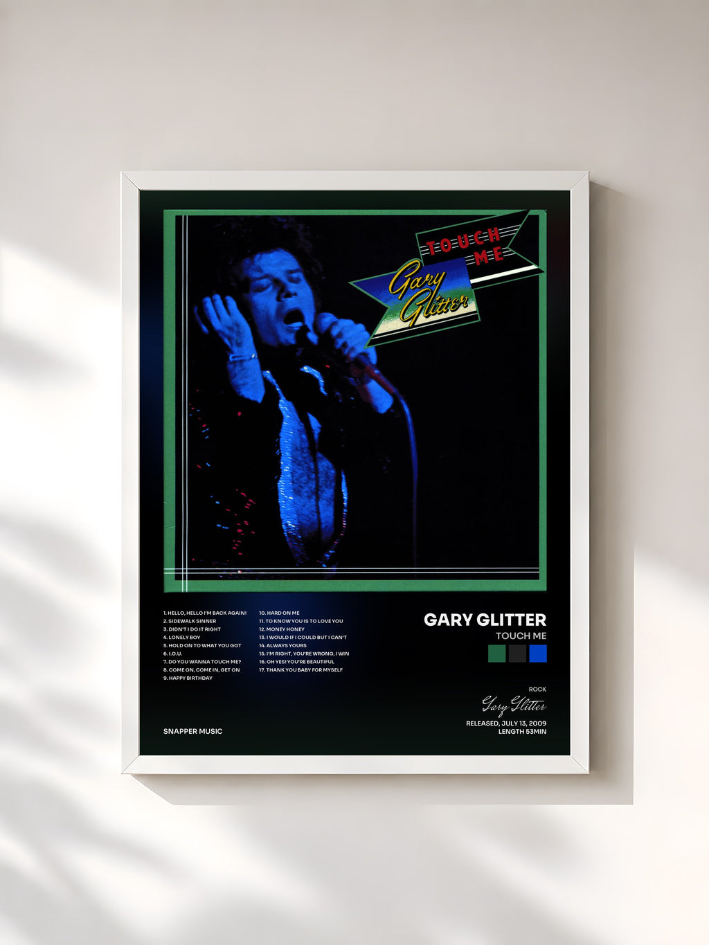 #blanc Touch Me by Gary Glitter as a framed art print, white frame, printed and framed in France