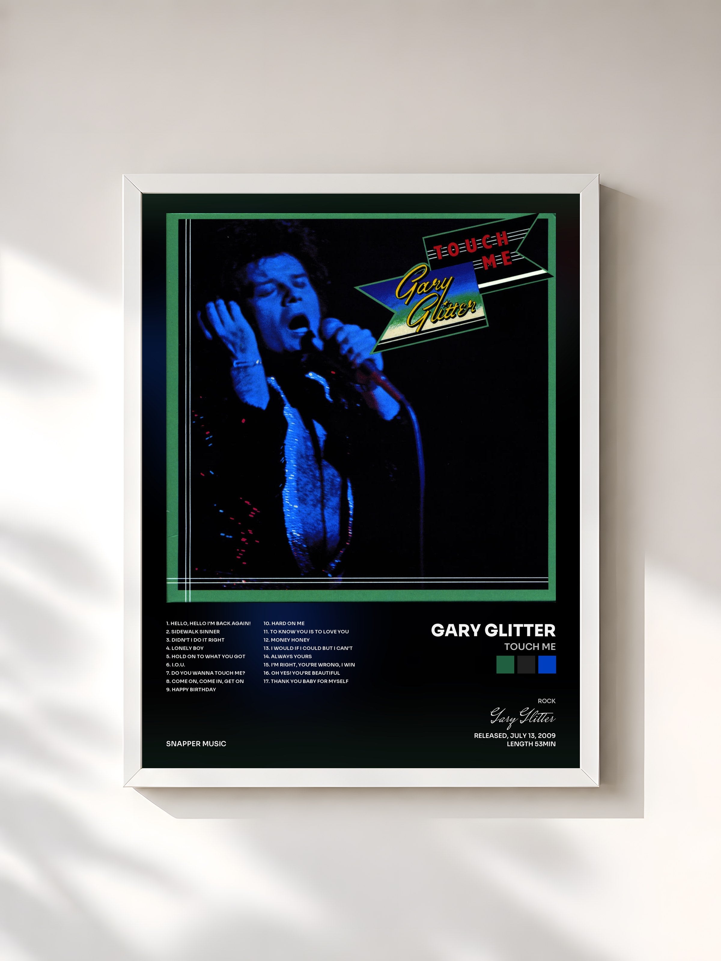 #blanc Tableau de l'album Touch Me de Gary Glitter, cadre blanc, imprimé et encadré en France