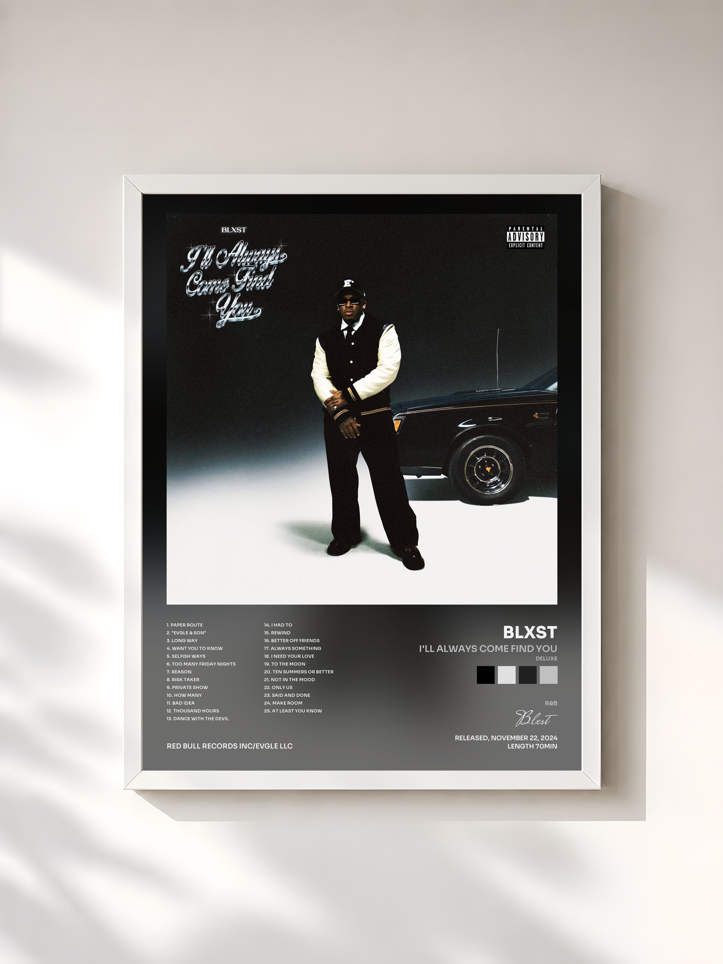 #blanc Tableau de l'album I'll Always Come Find You (Deluxe) de Blxst, cadre blanc, imprimé et encadré en France