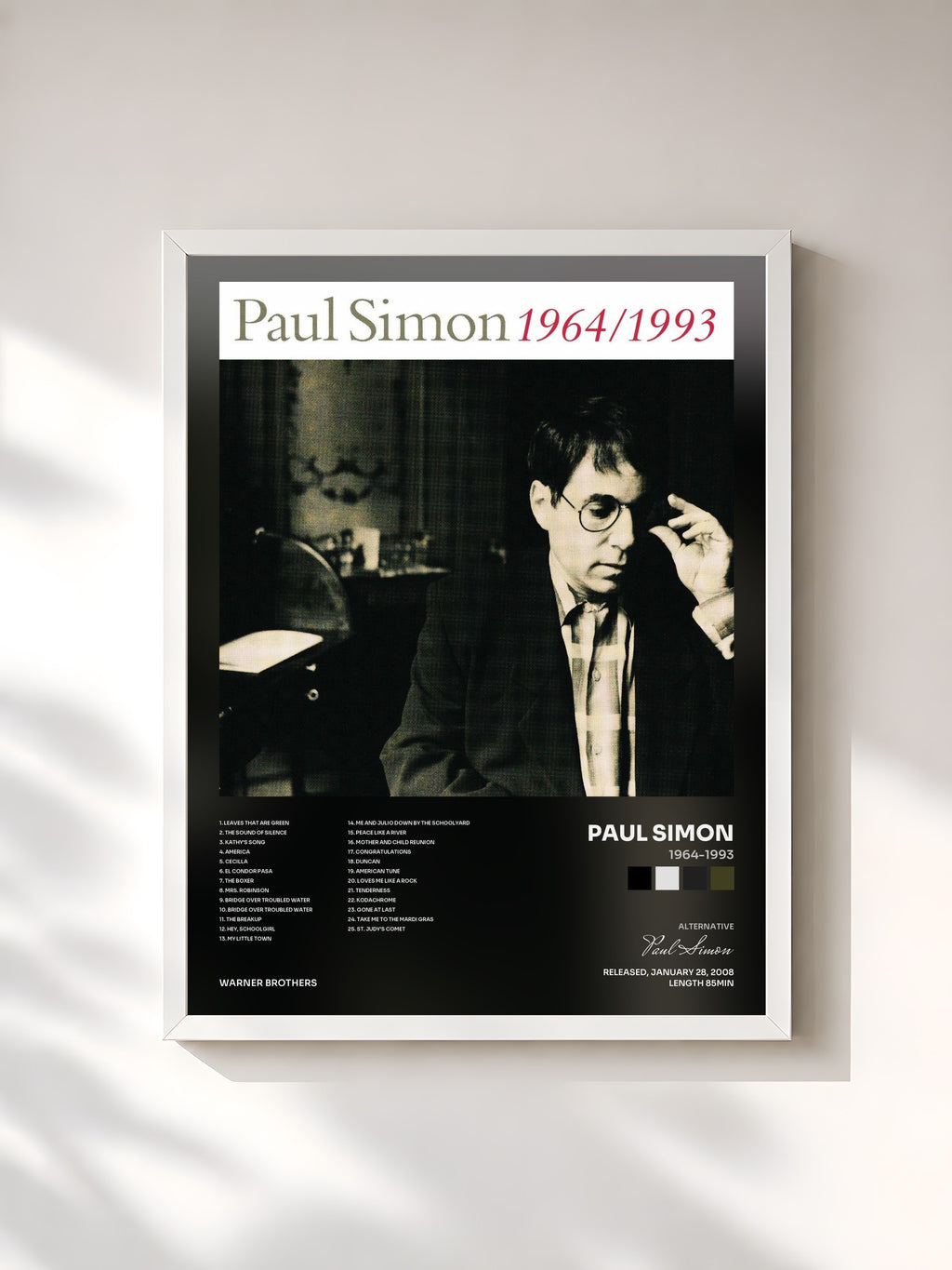 #blanc Tableau de l'album 1964-1993 de Paul Simon, cadre blanc, imprimé et encadré en France