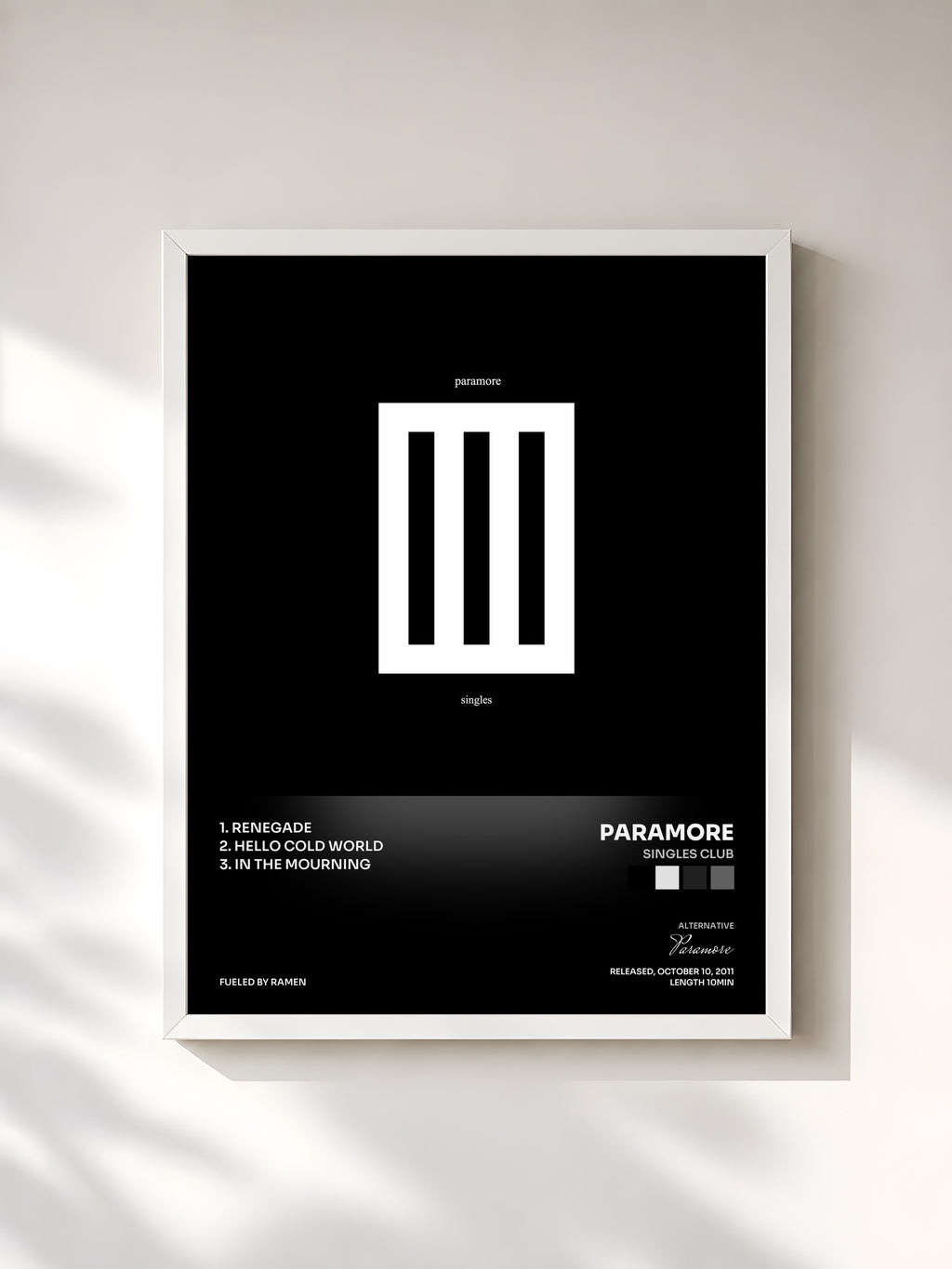 #blanc Tableau de l'album Singles Club de Paramore, cadre blanc, imprimé et encadré en France