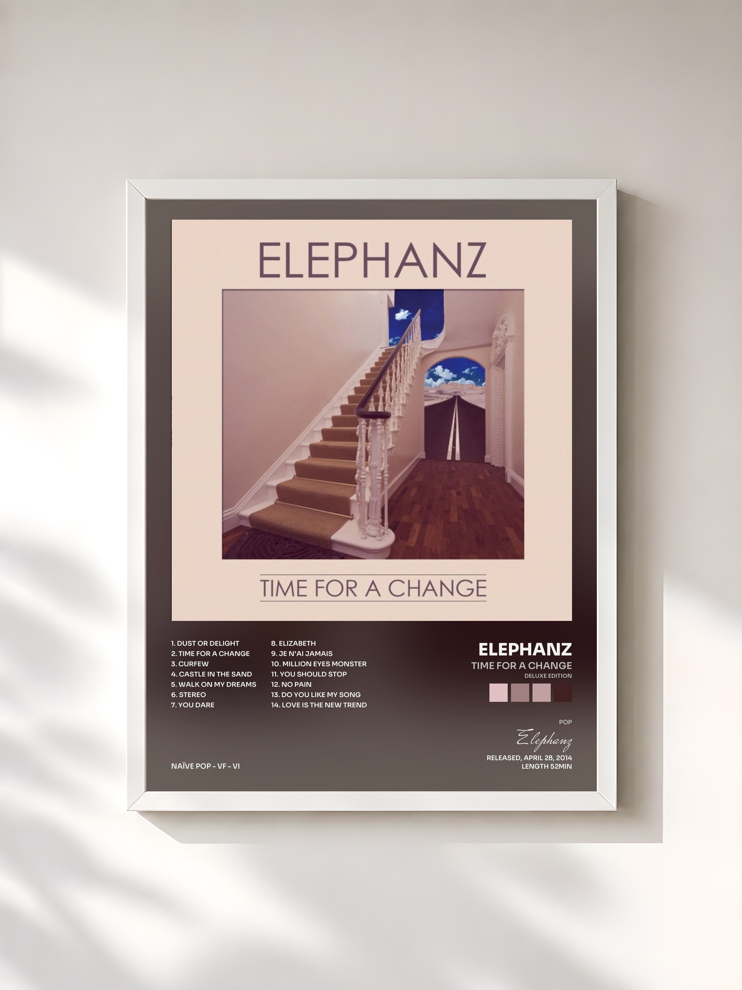 #blanc Tableau de l'album TIME FOR A CHANGE (Deluxe Edition) de Elephanz, cadre blanc, imprimé et encadré en France