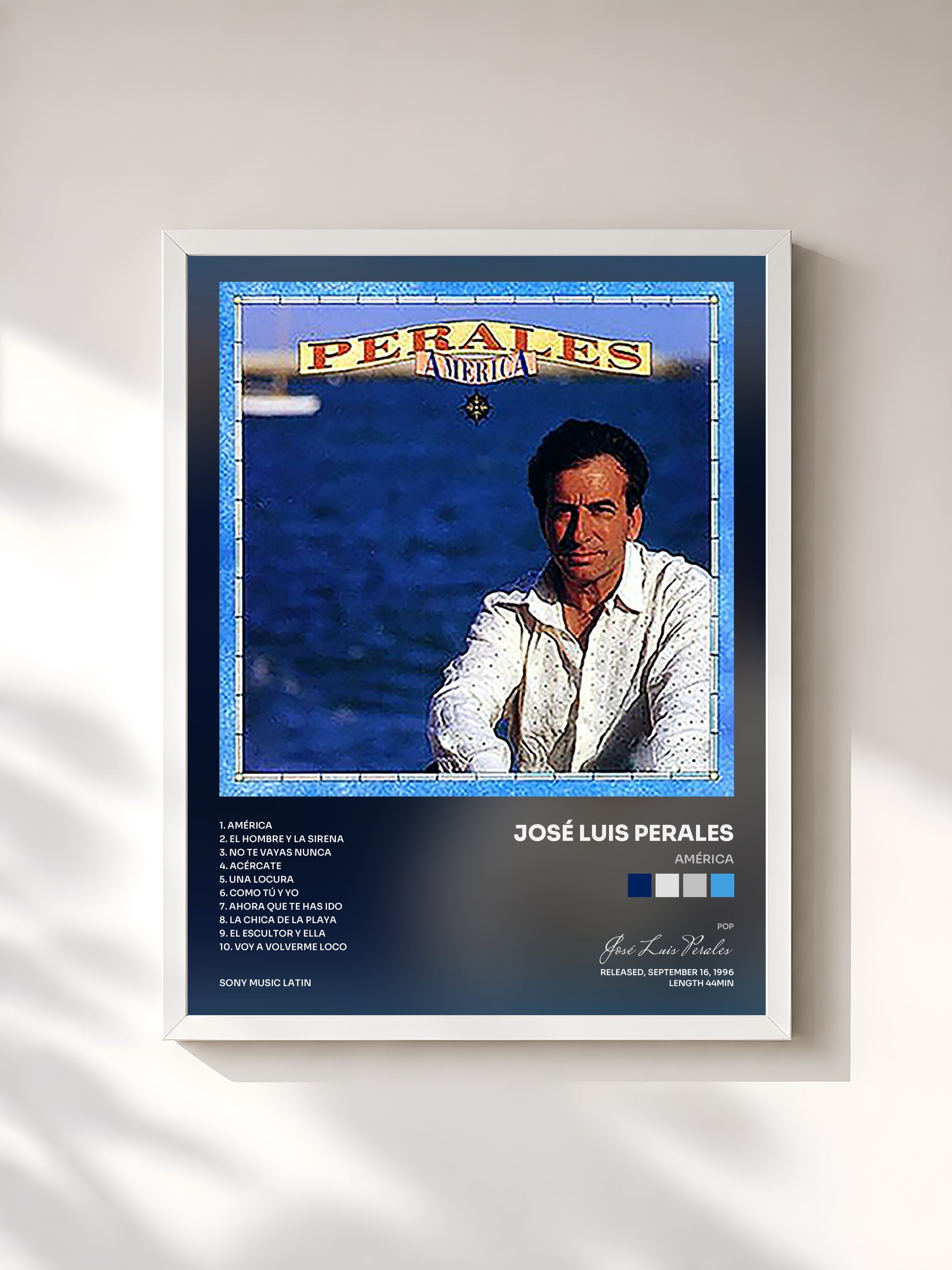 #blanc Tableau de l'album América de José Luis Perales, cadre blanc, imprimé et encadré en France