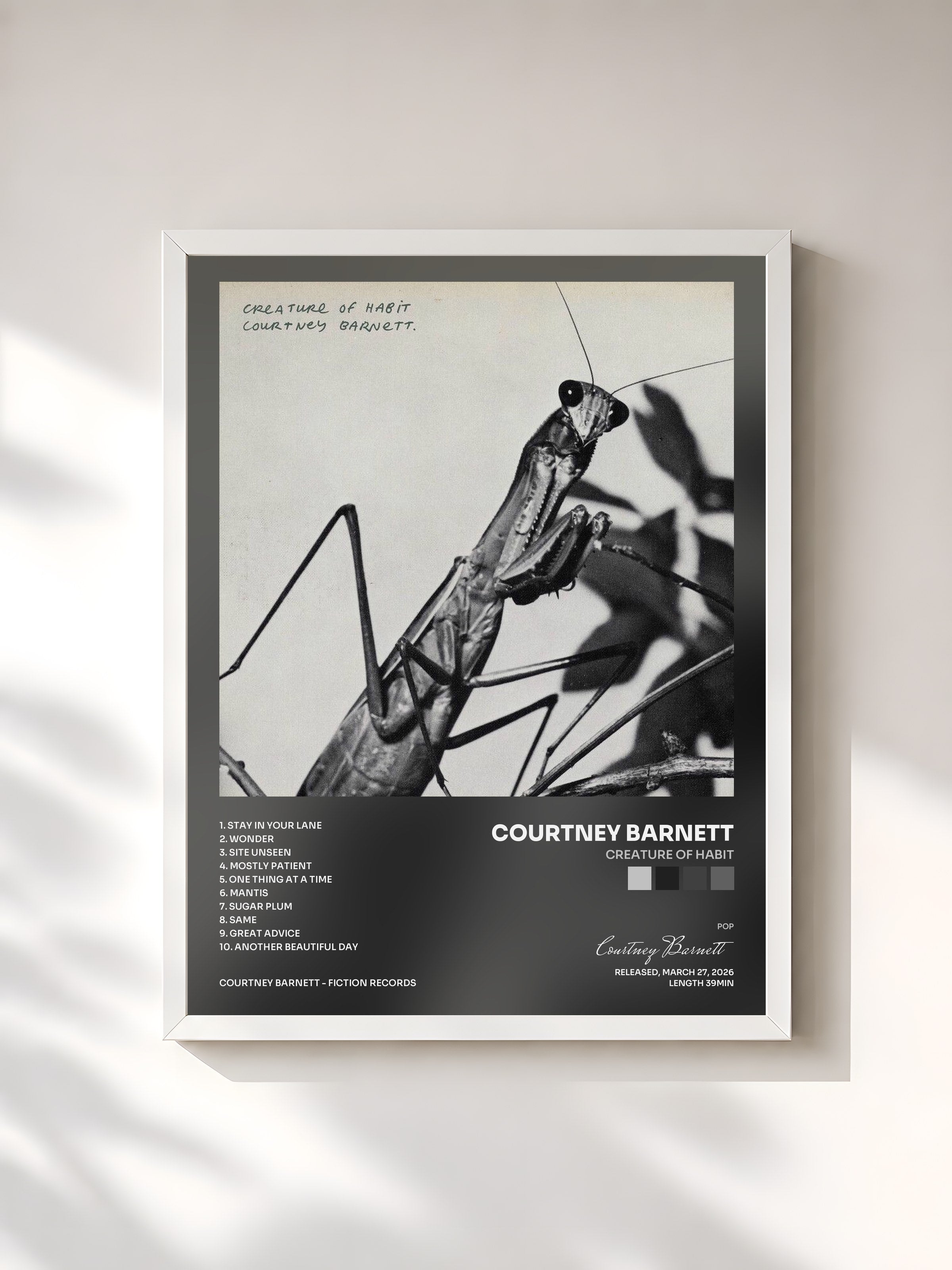 #blanc Tableau de l'album Creature of Habit de Courtney Barnett, cadre blanc, imprimé et encadré en France
