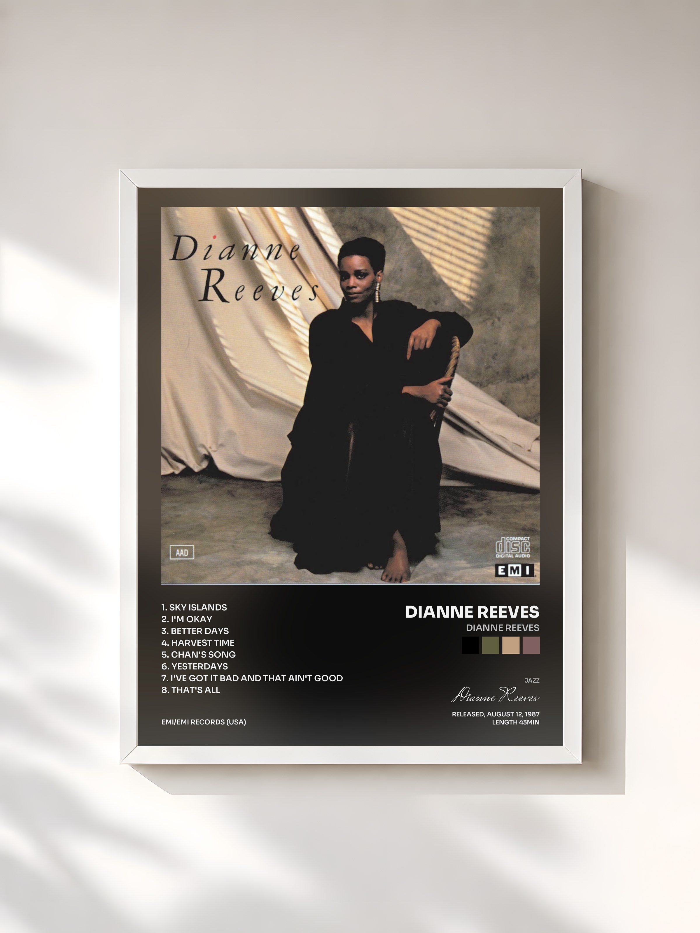 #blanc Tableau de l'album Dianne Reeves de Dianne Reeves, cadre blanc, imprimé et encadré en France