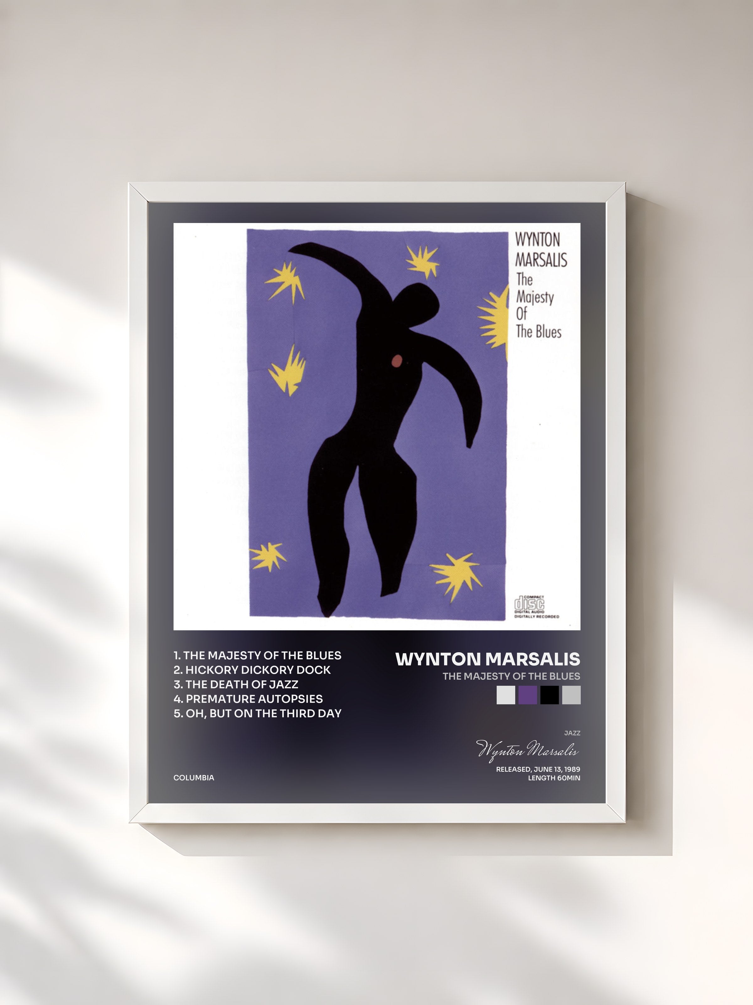 #blanc Tableau de l'album The Majesty Of The Blues de Wynton Marsalis, cadre blanc, imprimé et encadré en France