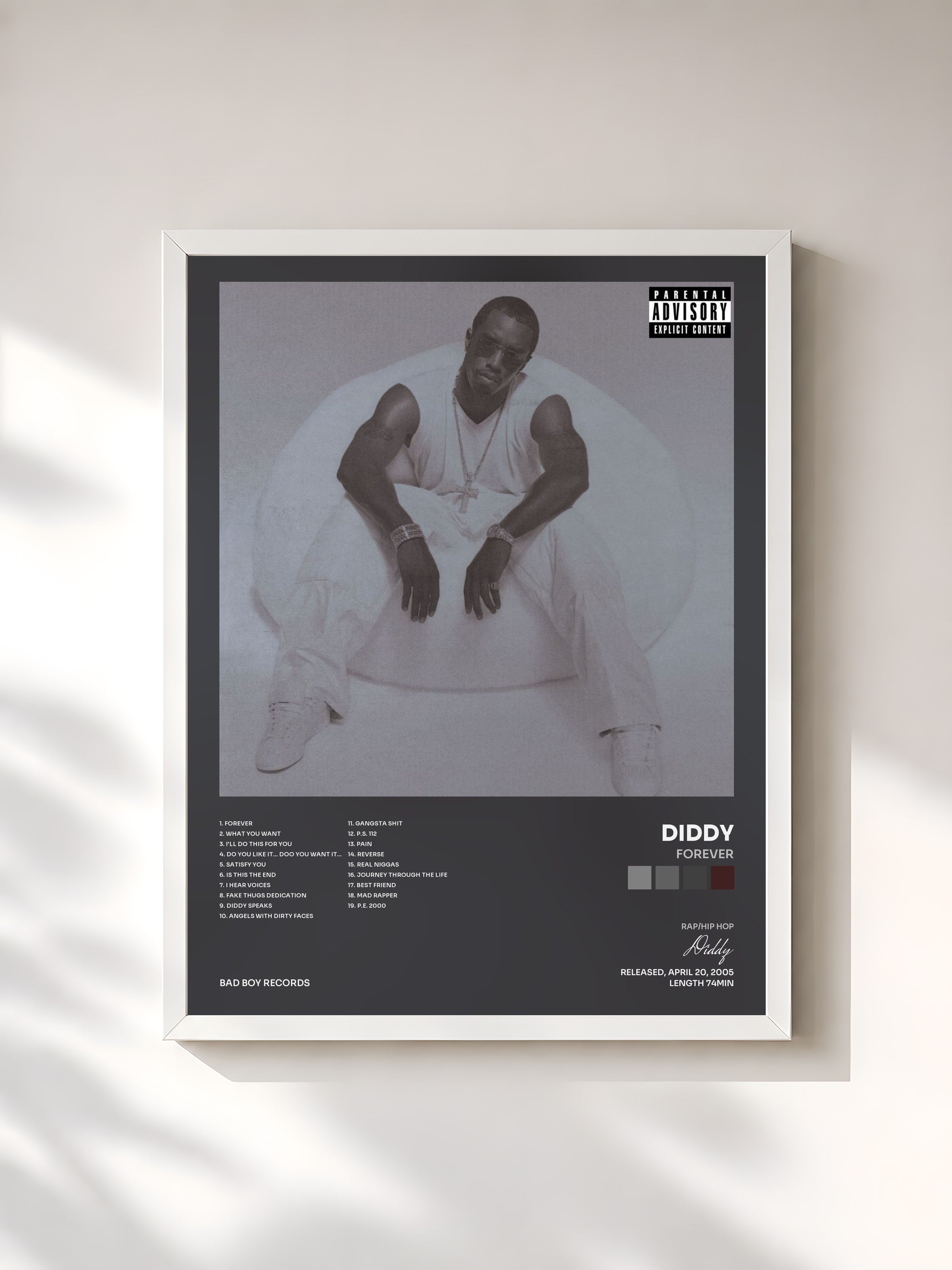 #blanc Tableau de l'album Forever de Diddy, cadre blanc, imprimé et encadré en France
