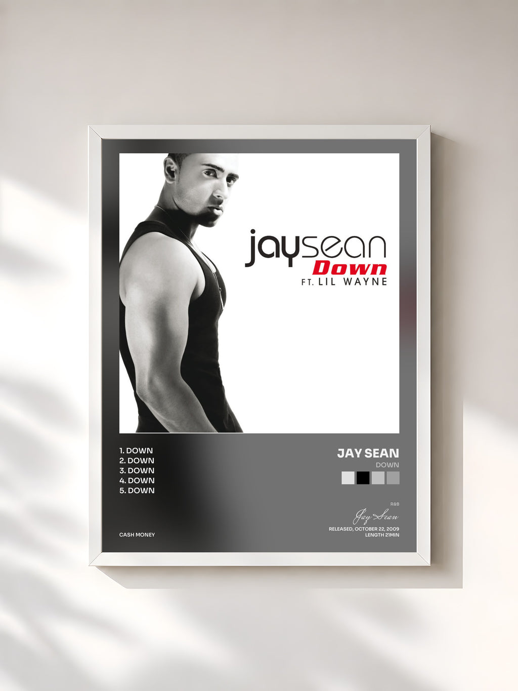 #blanc Tableau de l'album Down de Jay Sean, cadre blanc, imprimé et encadré en France