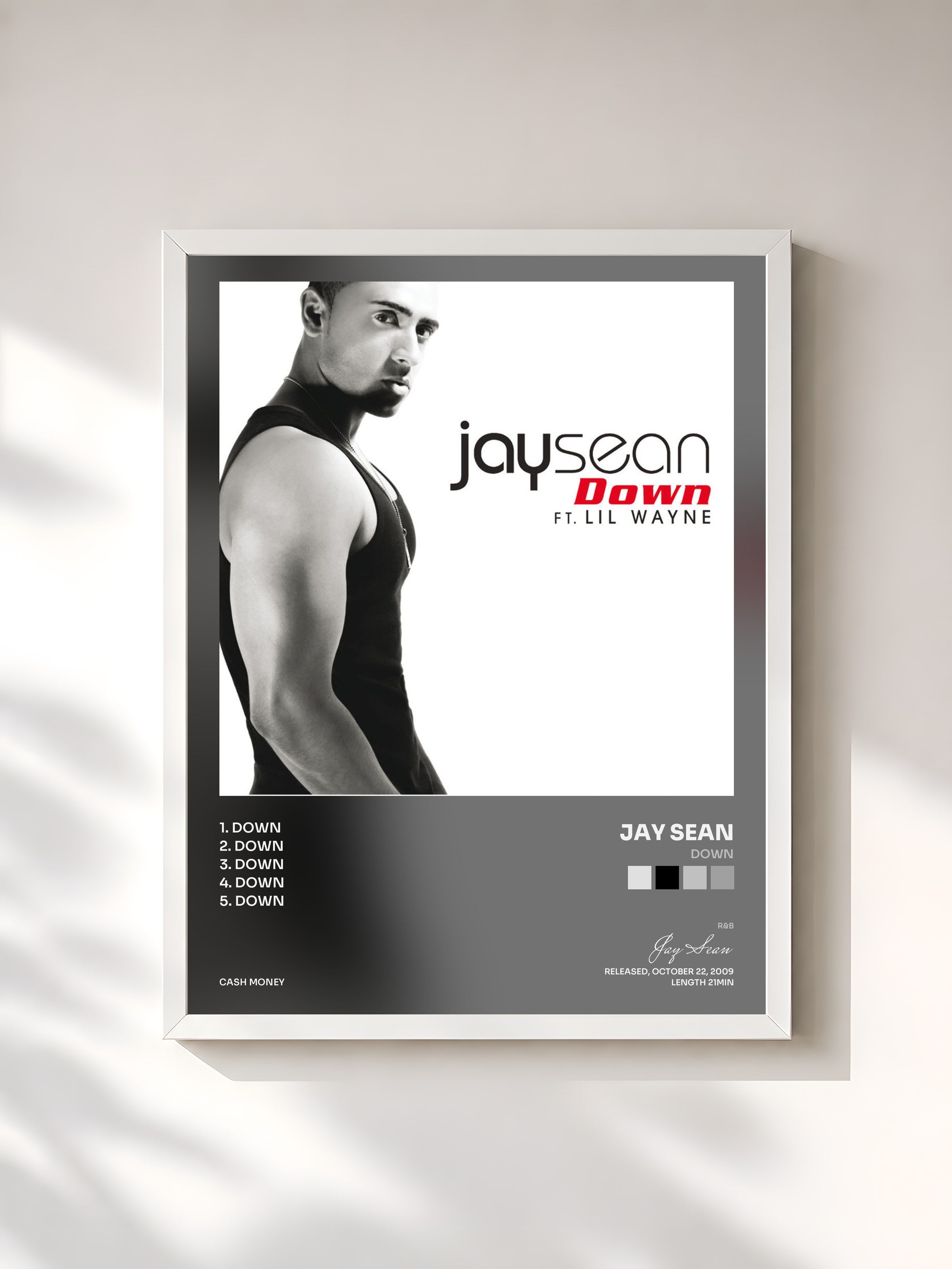 #blanc Tableau de l'album Down de Jay Sean, cadre blanc, imprimé et encadré en France