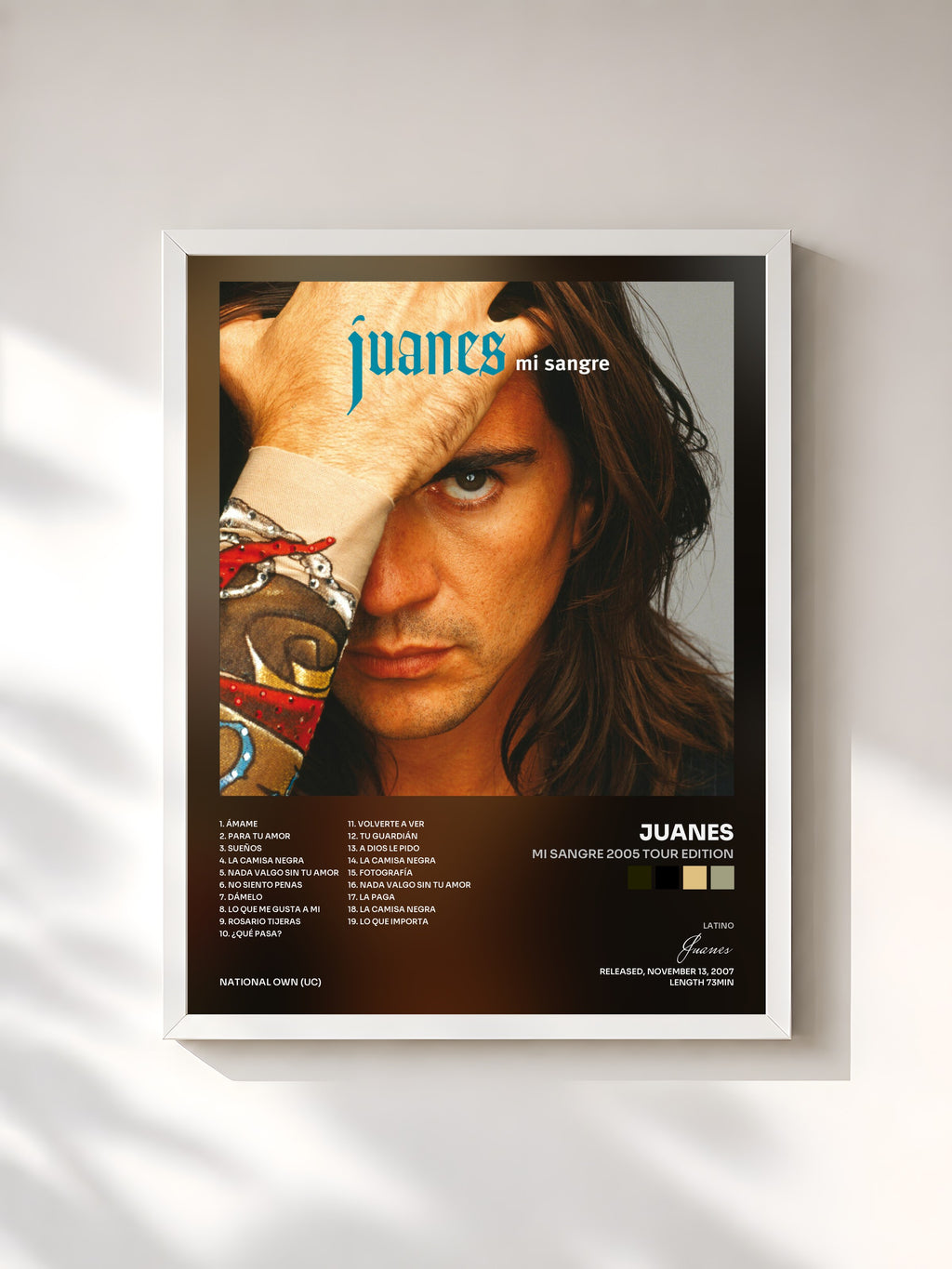 #blanc Tableau de l'album Mi Sangre 2005 Tour Edition de Juanes, cadre blanc, imprimé et encadré en France