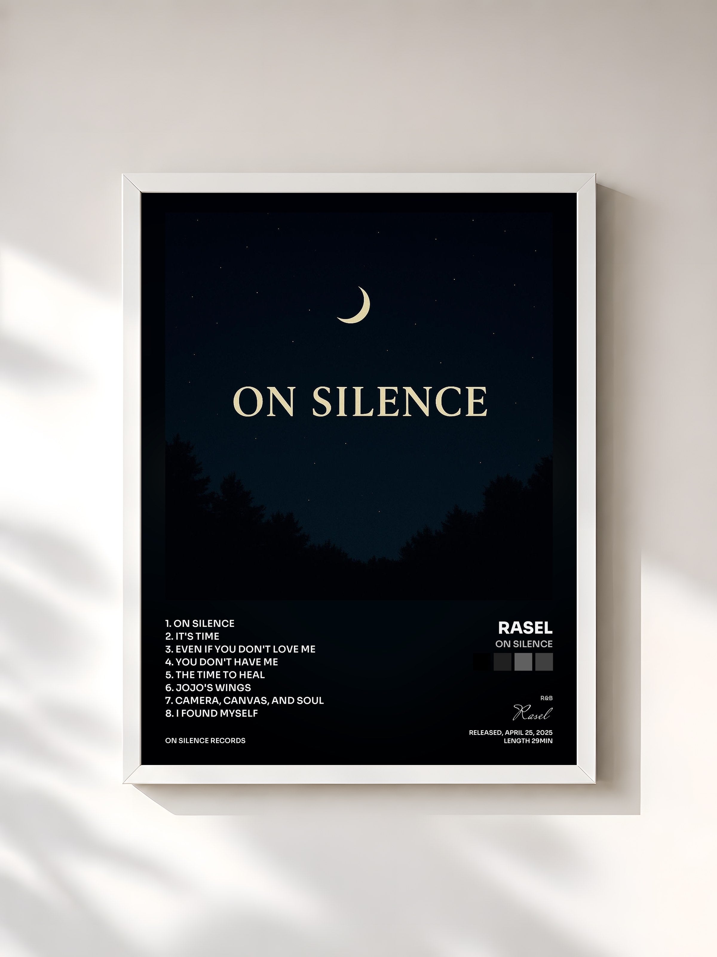 #blanc Tableau de l'album On Silence de Rasel, cadre blanc, imprimé et encadré en France