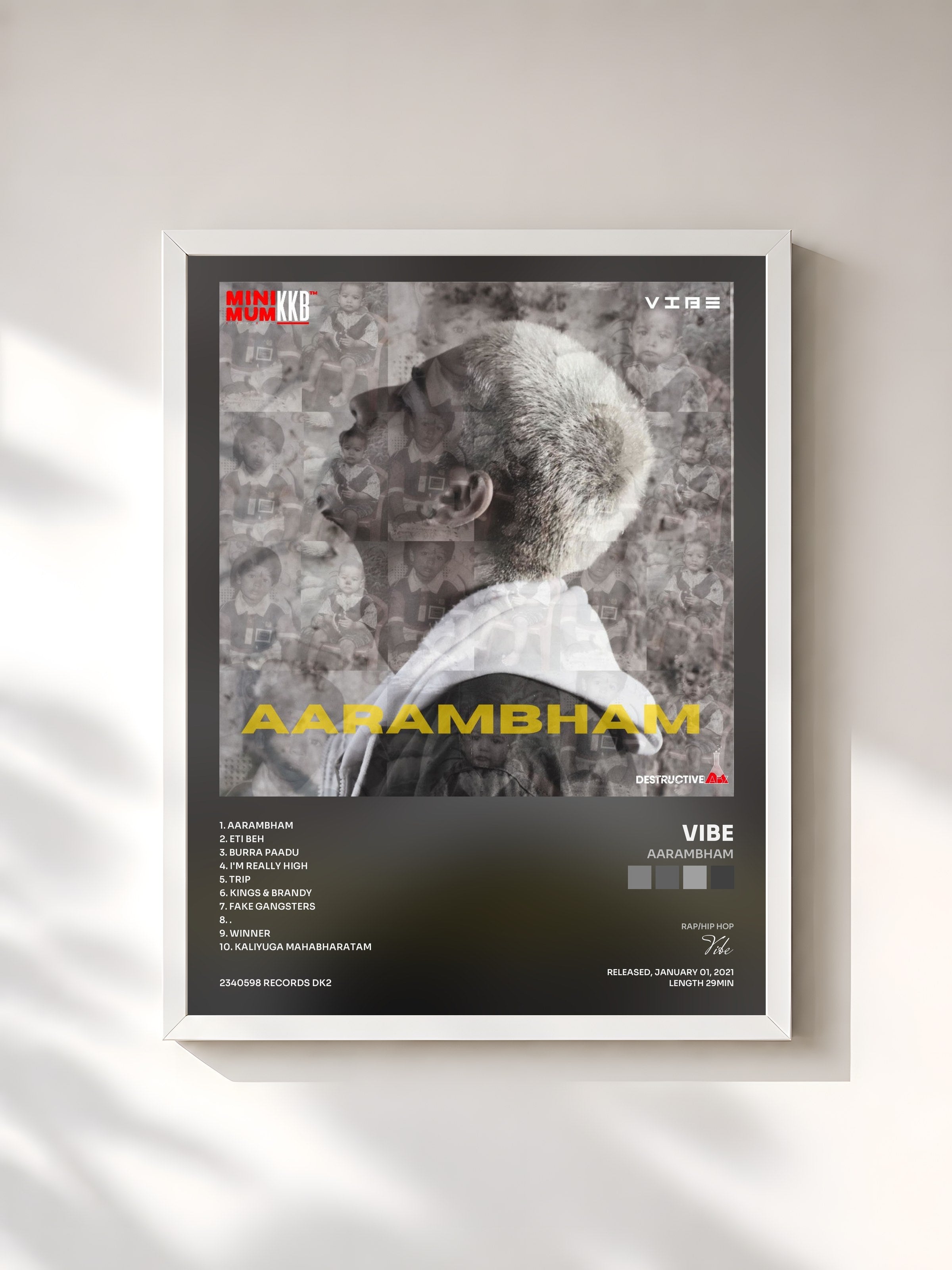 #blanc Tableau de l'album Aarambham de Vibe, cadre blanc, imprimé et encadré en France