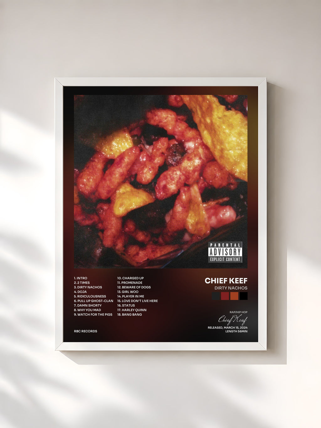 #blanc Tableau de l'album DIRTY NACHOS de Chief Keef, cadre blanc, imprimé et encadré en France