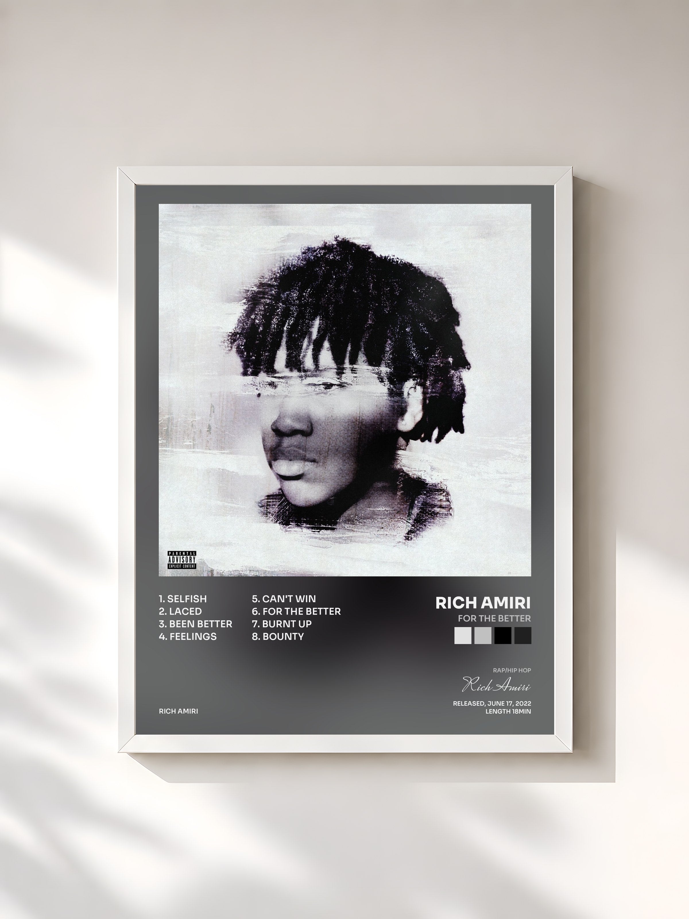 #blanc Tableau de l'album For The Better de Rich Amiri, cadre blanc, imprimé et encadré en France