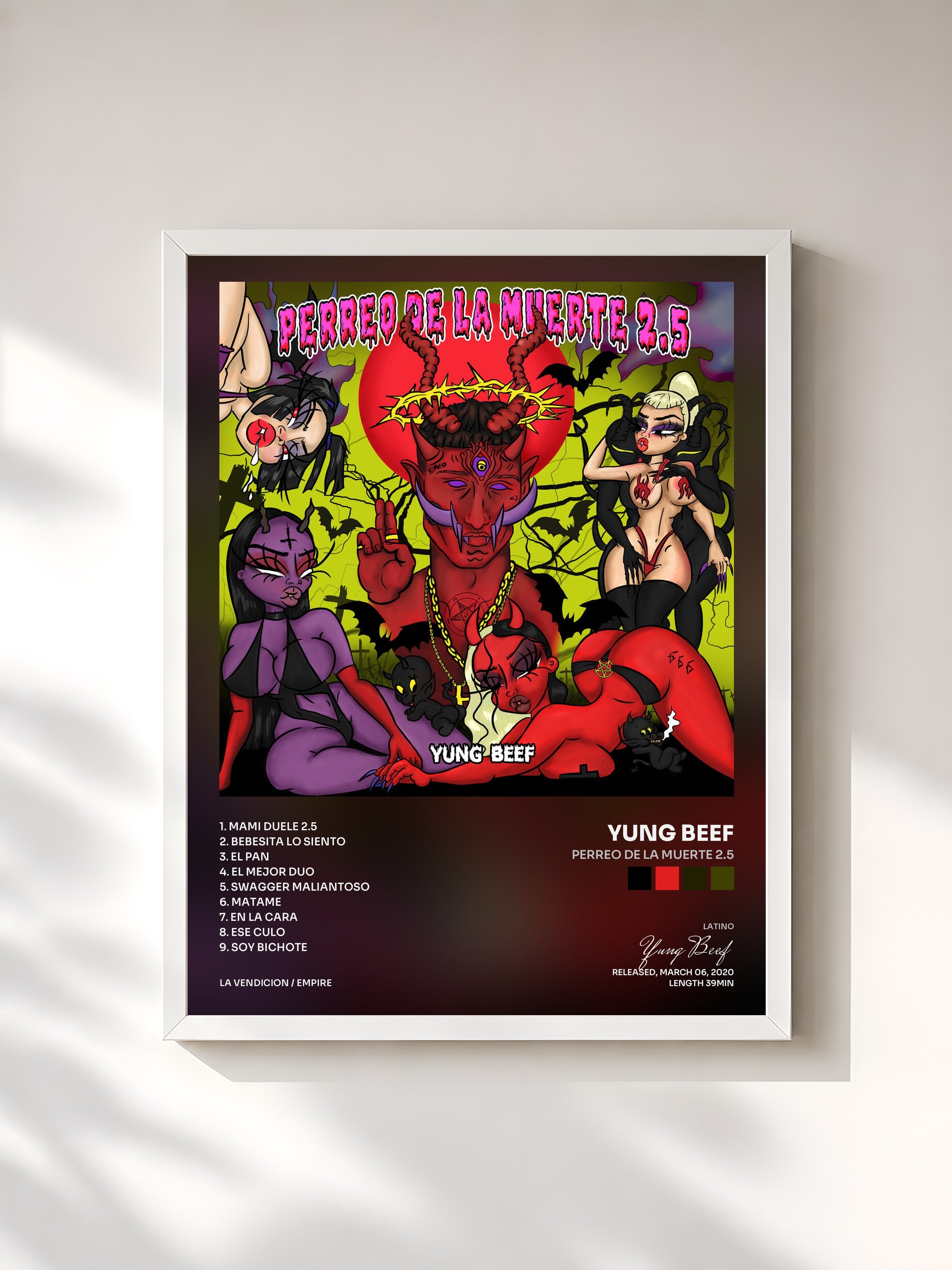 #blanc Tableau de l'album Perreo de la Muerte 2.5 de Yung Beef, cadre blanc, imprimé et encadré en France