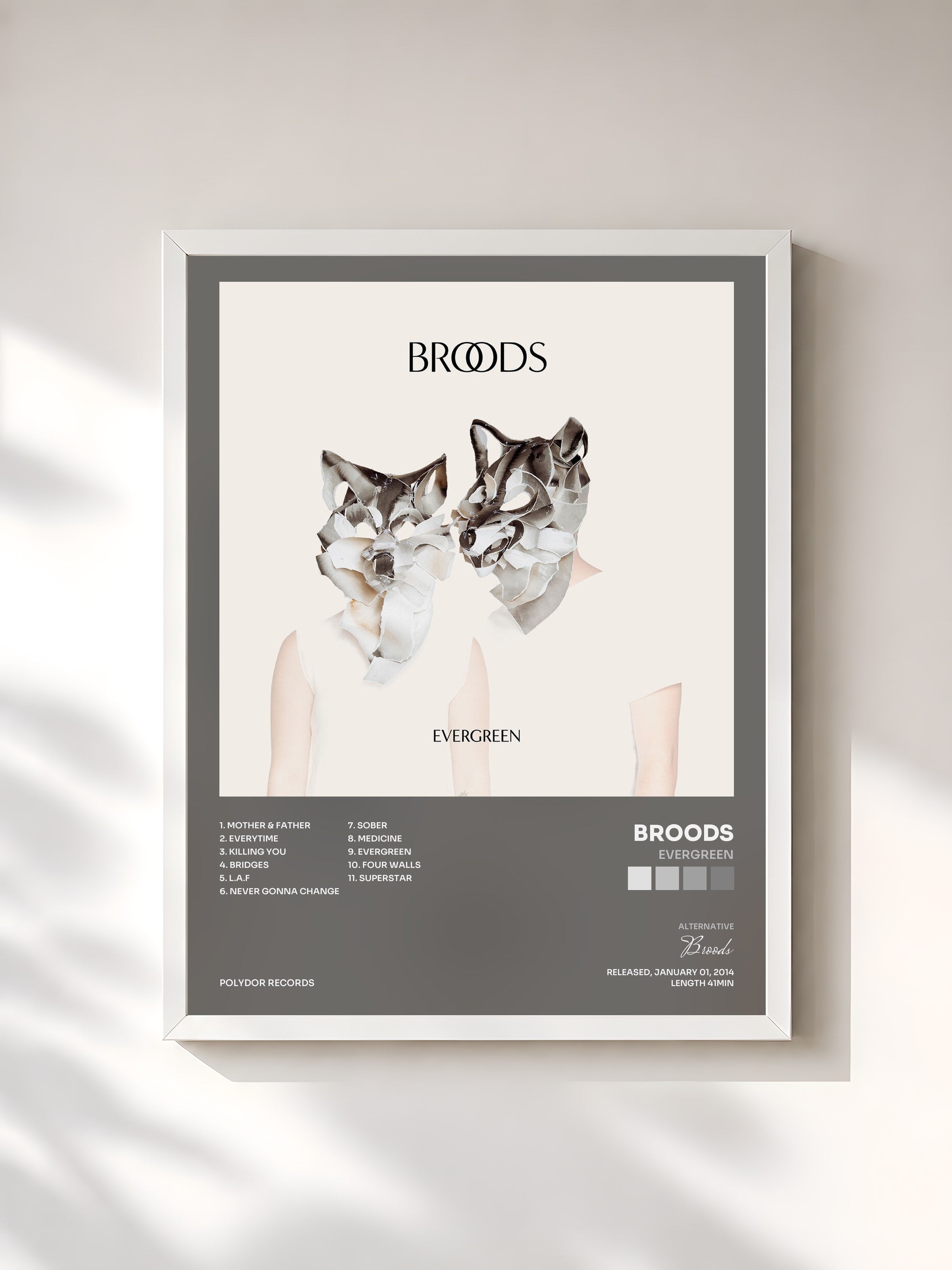 #blanc Tableau de l'album Evergreen de Broods, cadre blanc, imprimé et encadré en France
