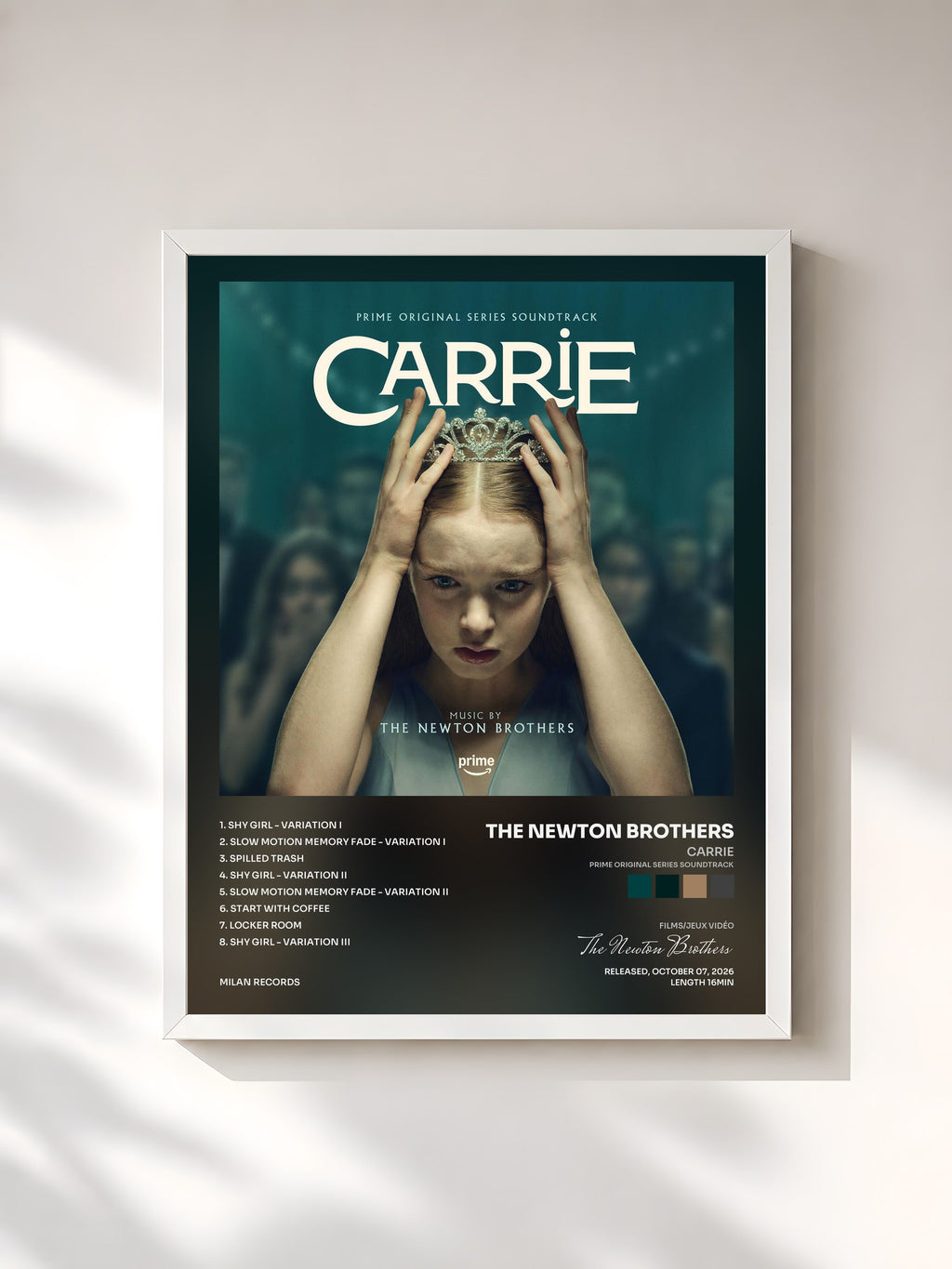 #blanc Tableau de l'album Carrie (Prime Original Series Soundtrack) de The Newton Brothers, cadre blanc, imprimé et encadré en France