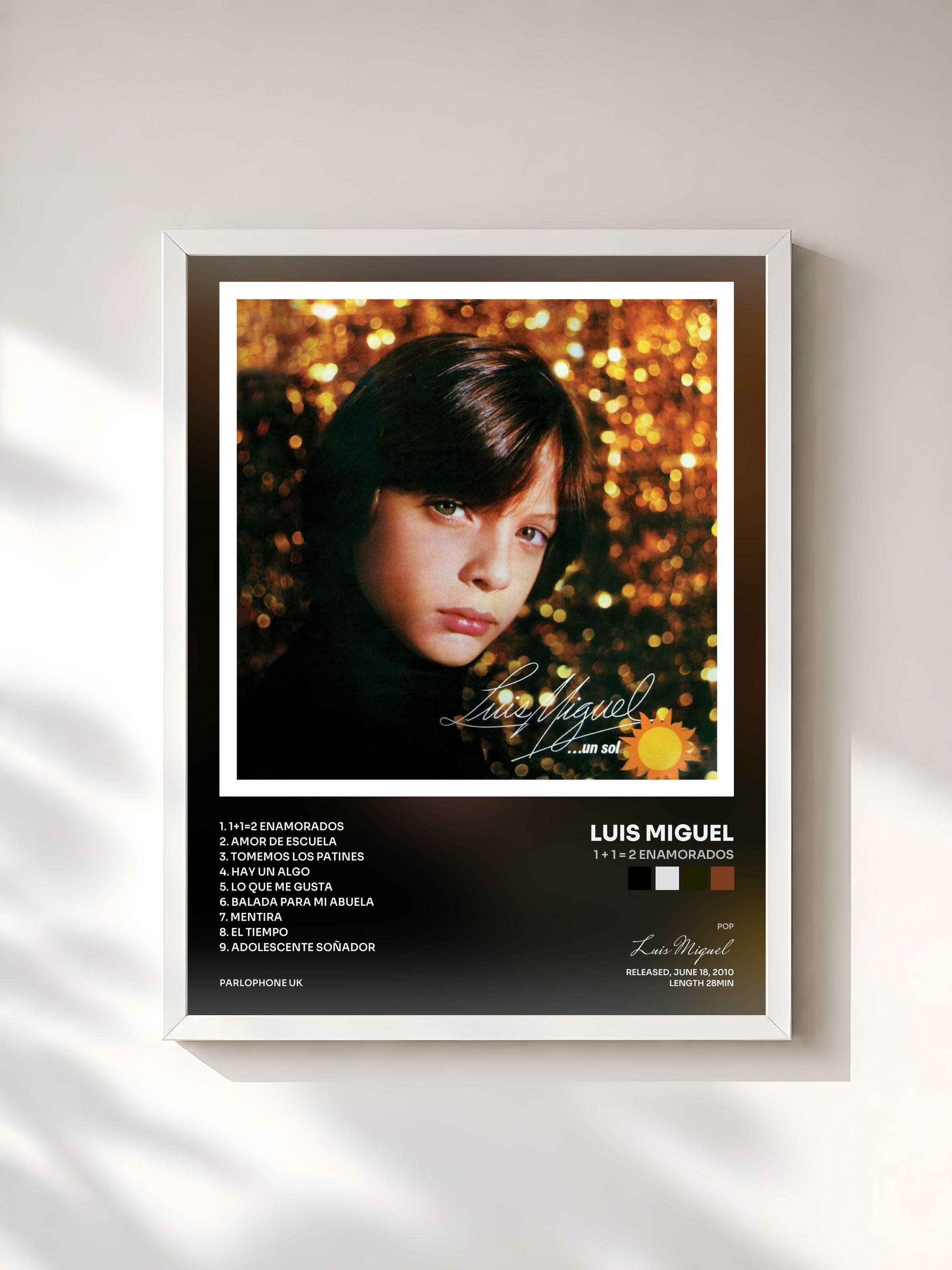 #blanc Tableau de l'album 1 + 1 = 2 Enamorados de Luis Miguel, cadre blanc, imprimé et encadré en France