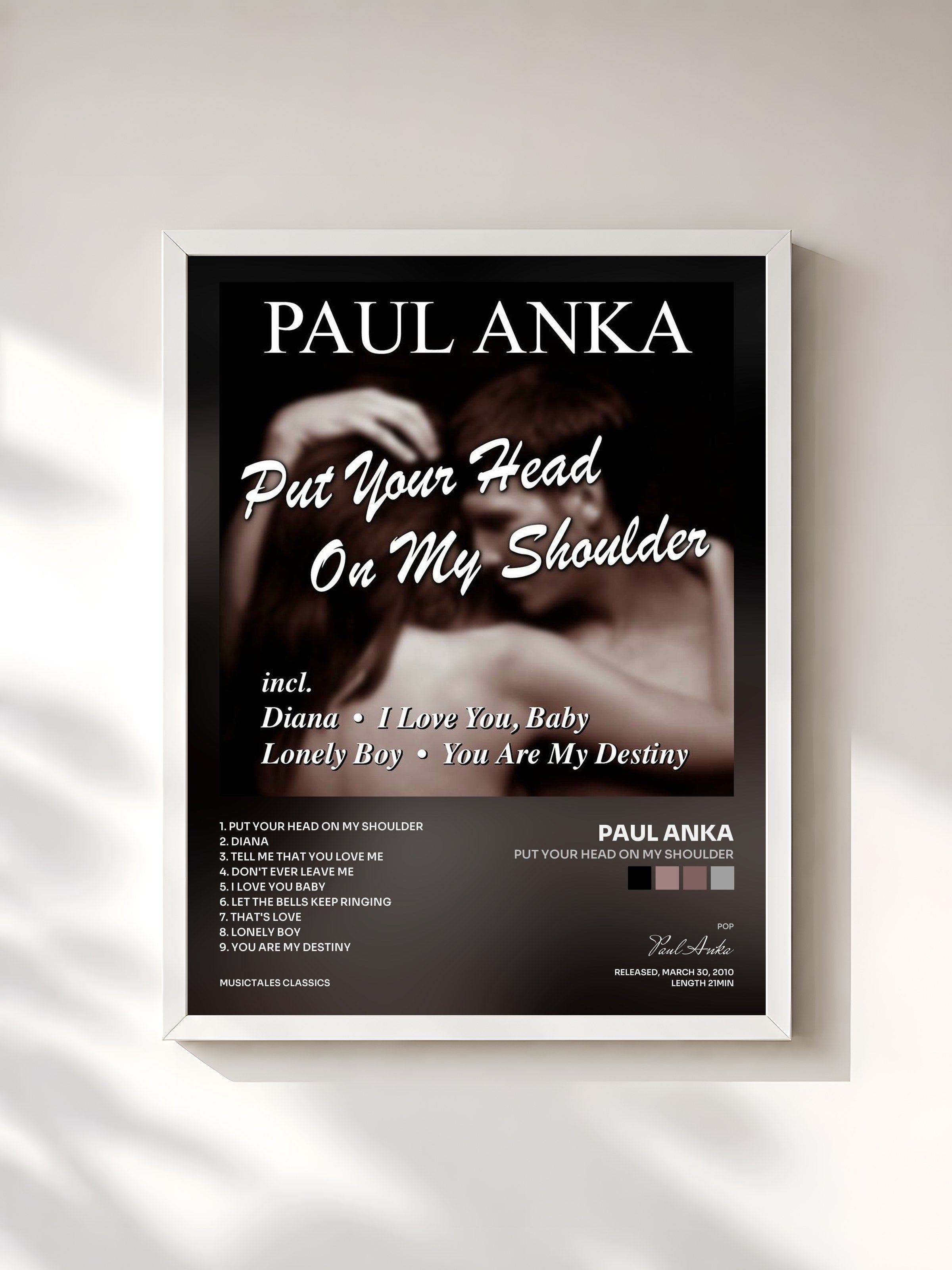 #blanc Tableau de l'album Put Your Head On My Shoulder de Paul Anka, cadre blanc, imprimé et encadré en France