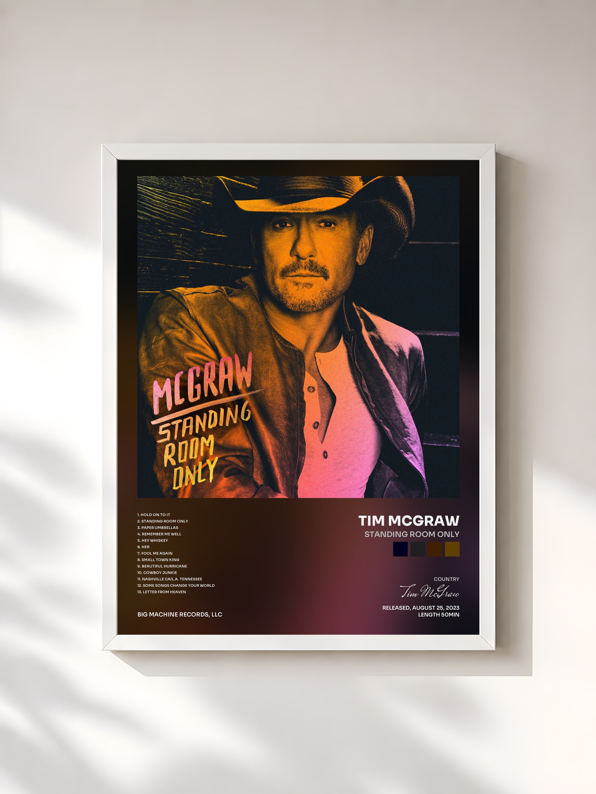 #blanc Tableau de l'album Standing Room Only de Tim McGraw, cadre blanc, imprimé et encadré en France