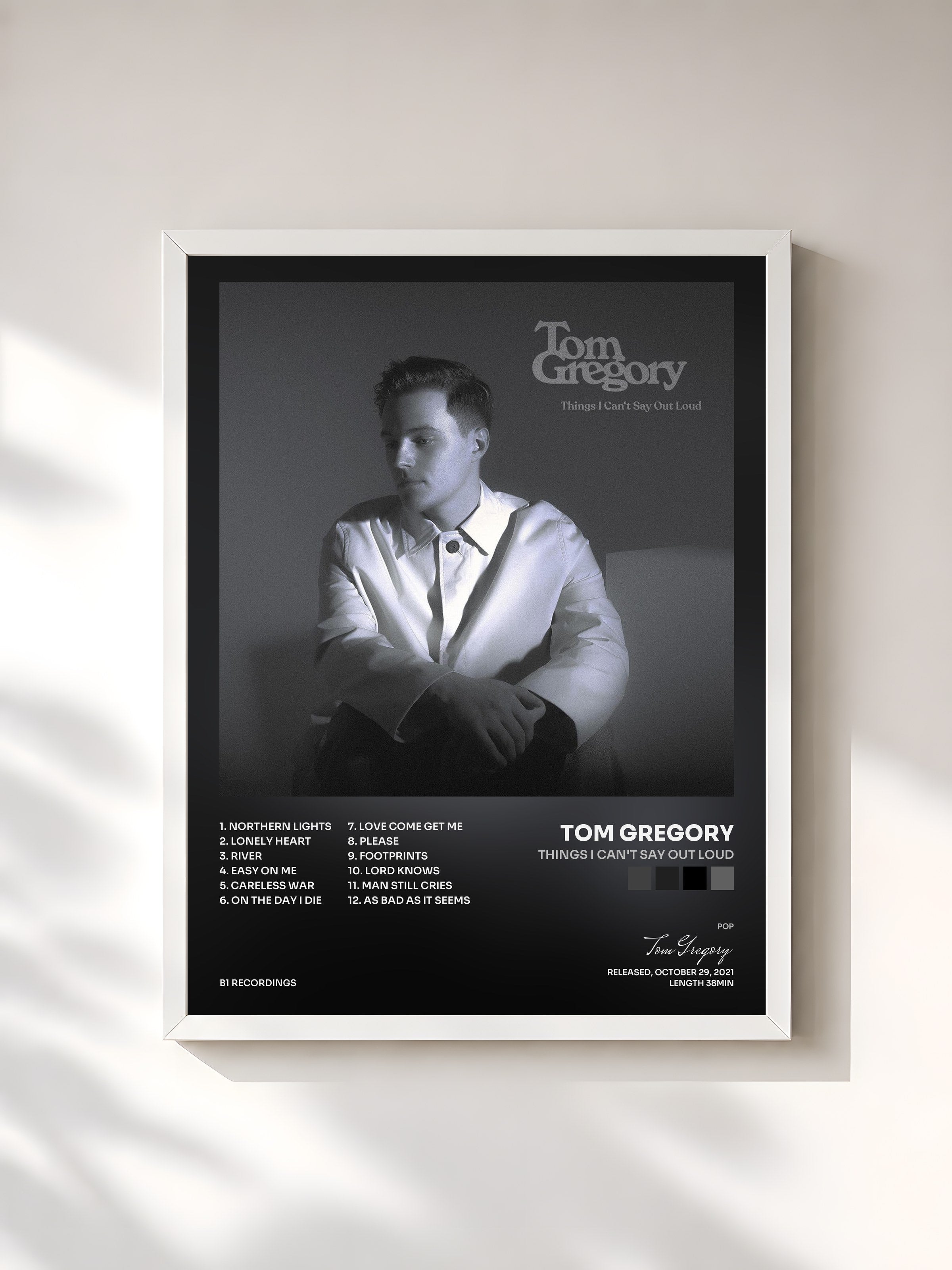 #blanc Tableau de l'album Things I Can't Say Out Loud de Tom Gregory, cadre blanc, imprimé et encadré en France