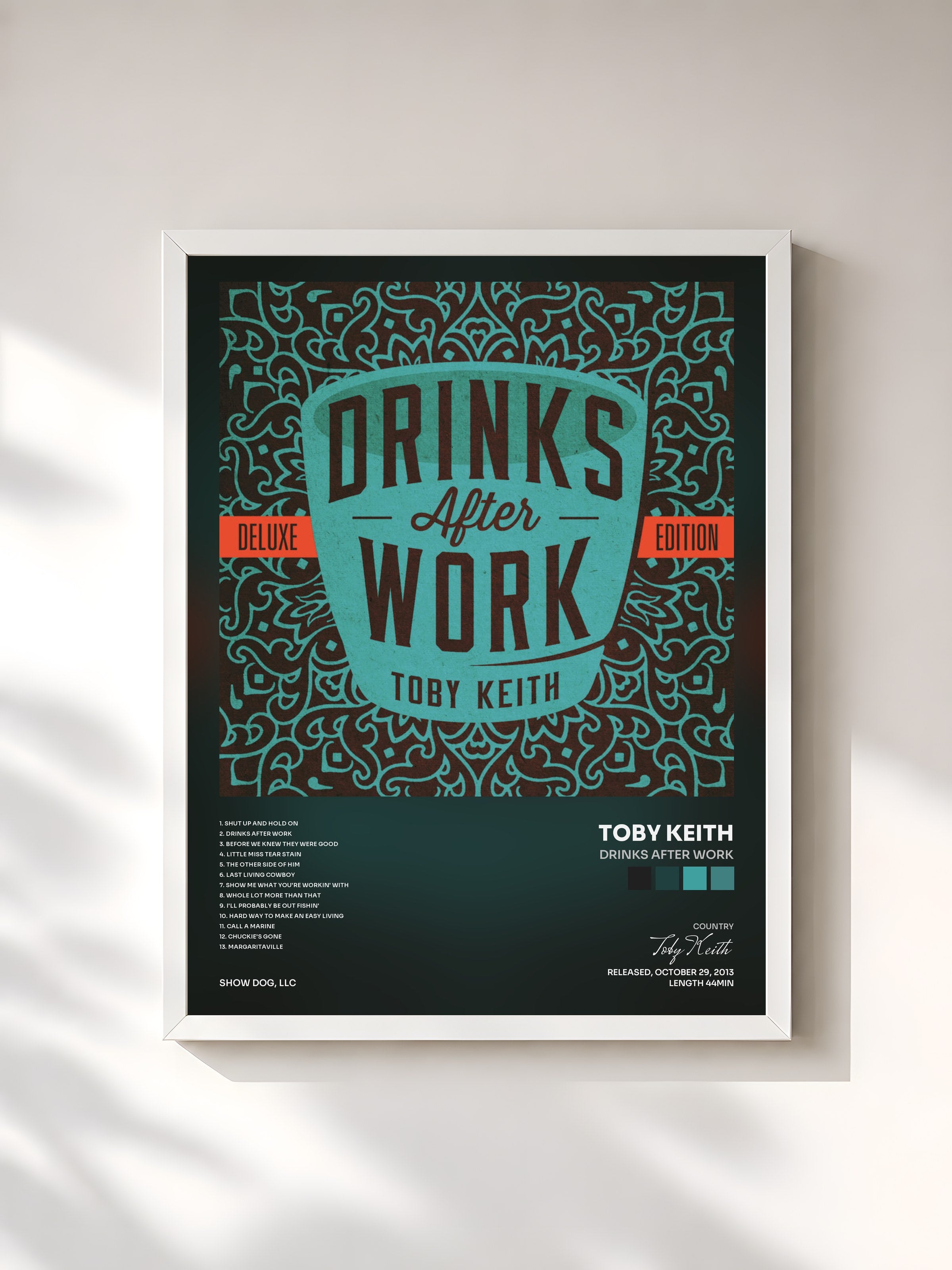 #blanc Tableau de l'album Drinks After Work de Toby Keith, cadre blanc, imprimé et encadré en France