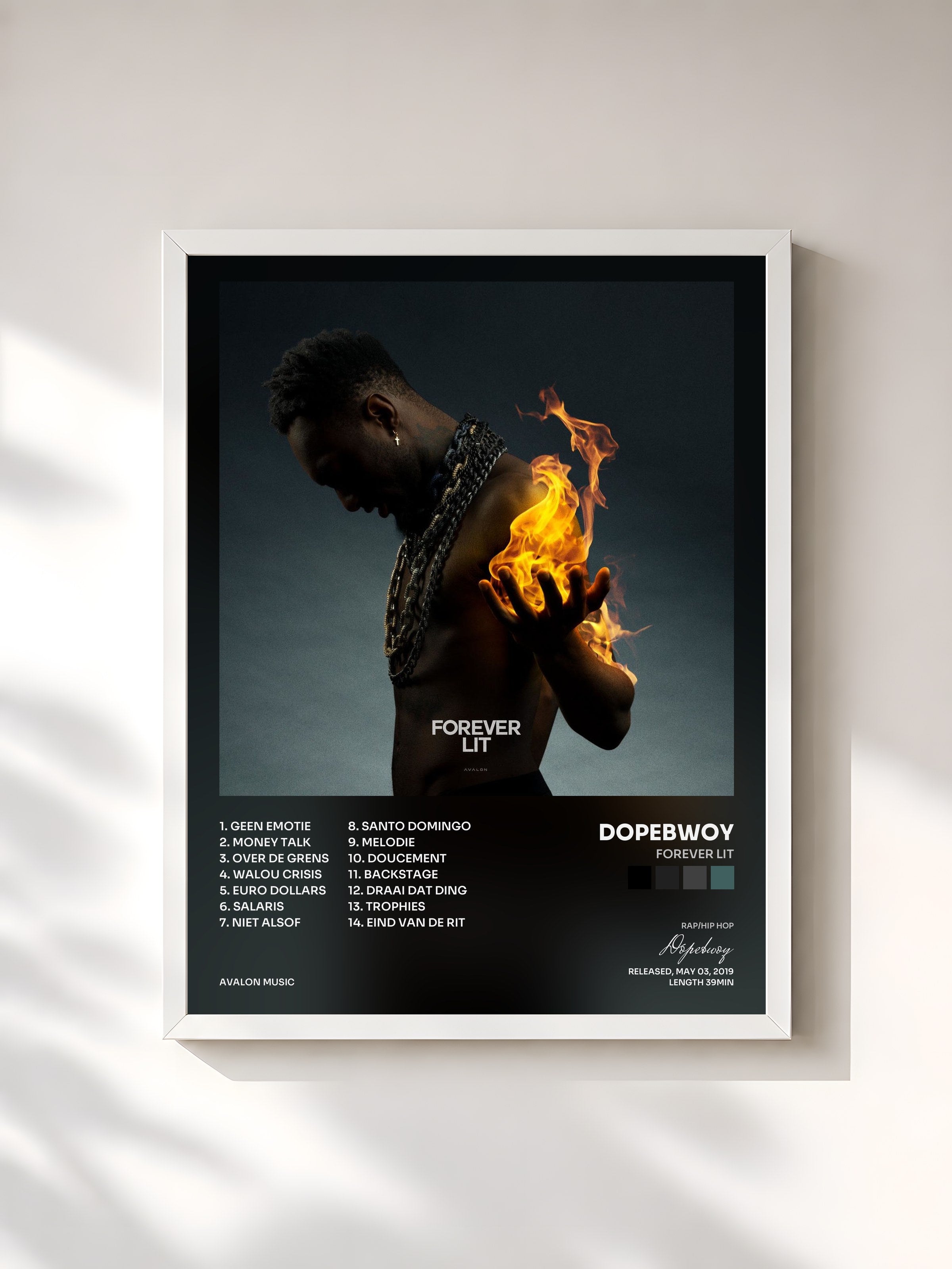 #blanc Tableau de l'album Forever Lit de Dopebwoy, cadre blanc, imprimé et encadré en France
