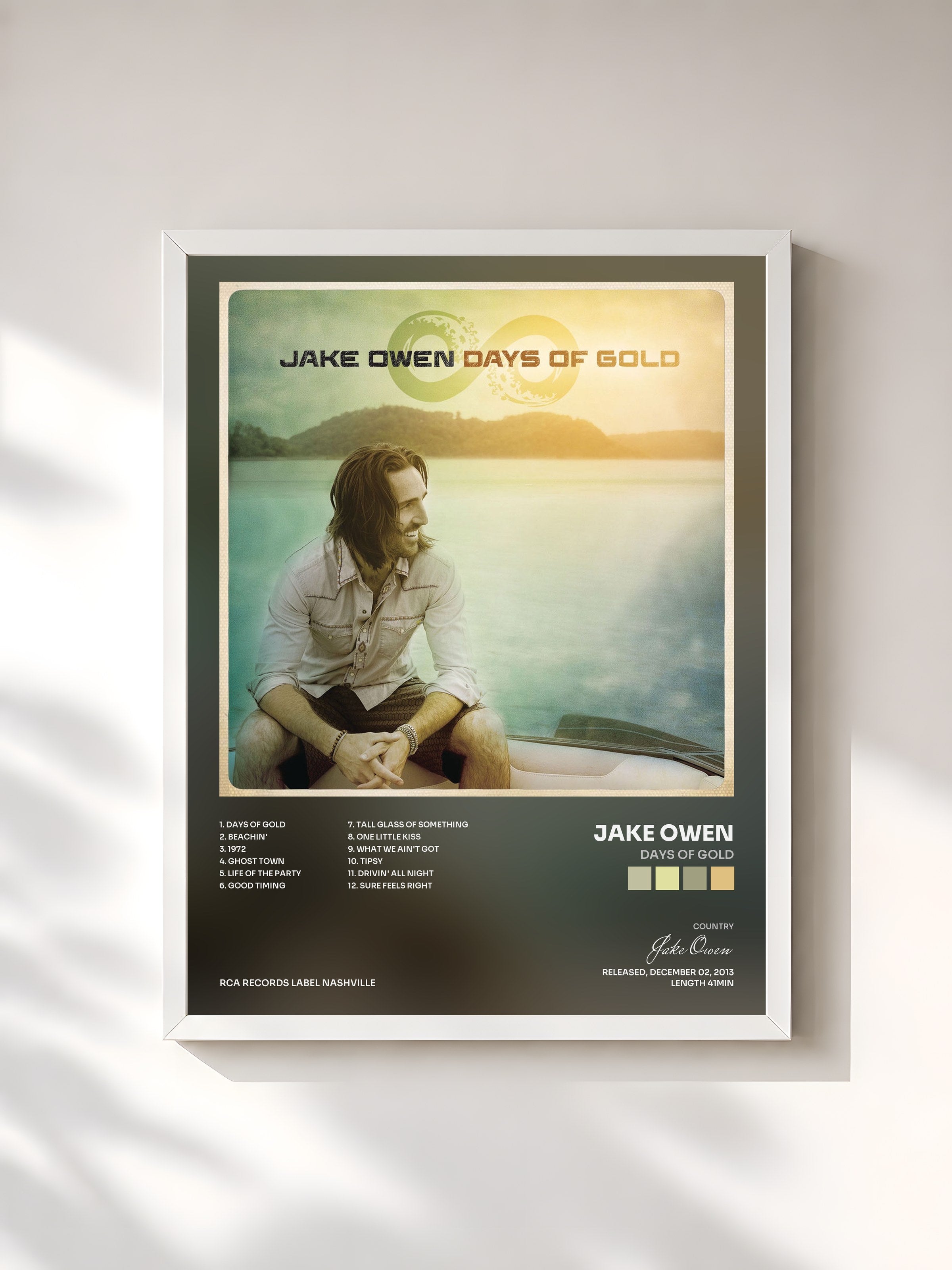 #blanc Tableau de l'album Days of Gold de Jake Owen, cadre blanc, imprimé et encadré en France
