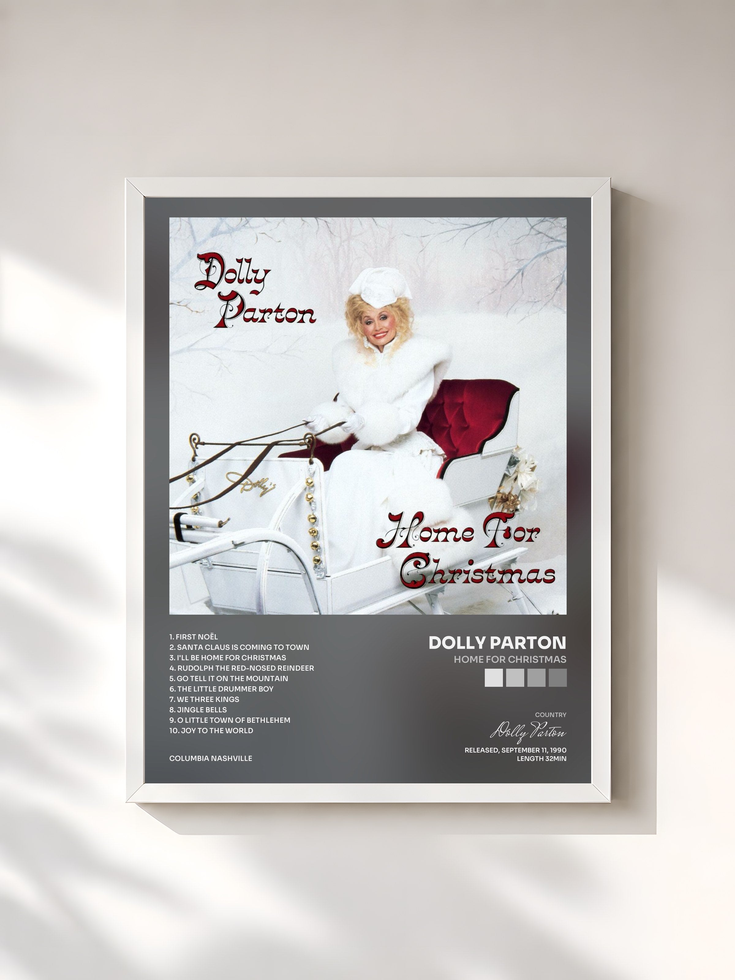 #blanc Tableau de l'album Home For Christmas de Dolly Parton, cadre blanc, imprimé et encadré en France