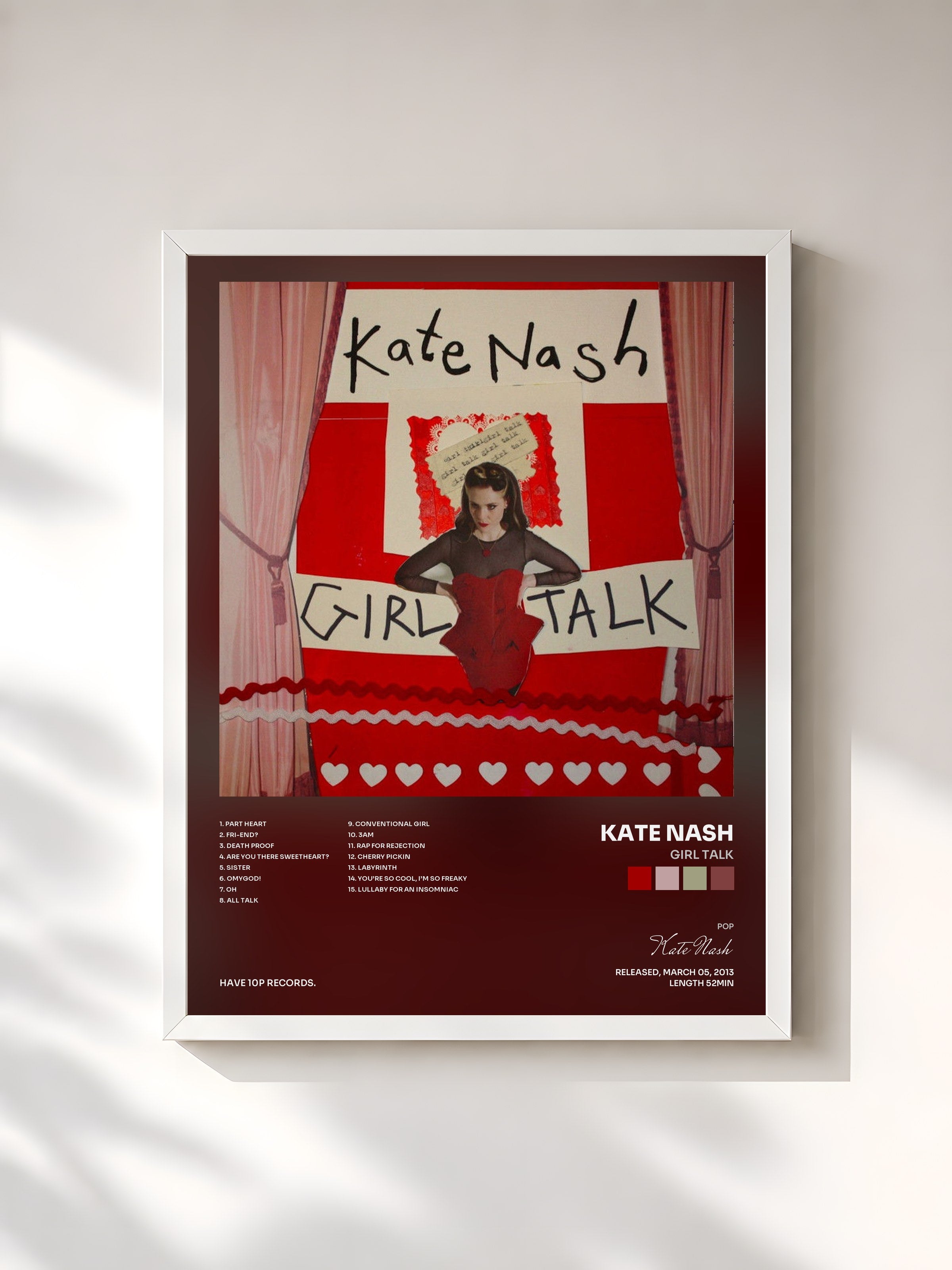 #blanc Tableau de l'album Girl Talk de Kate Nash, cadre blanc, imprimé et encadré en France