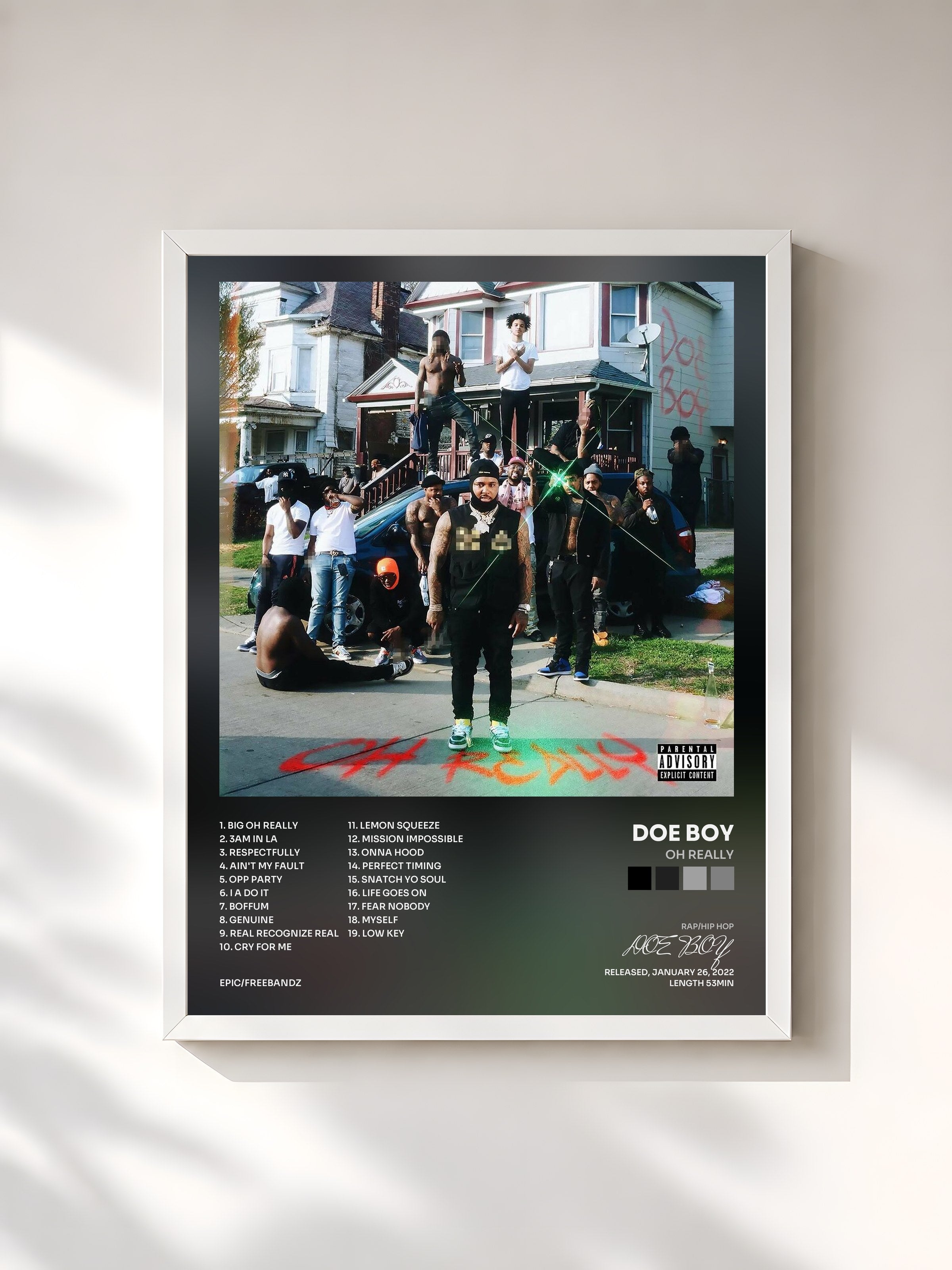 #blanc Tableau de l'album OH REALLY de DOE BOY, cadre blanc, imprimé et encadré en France