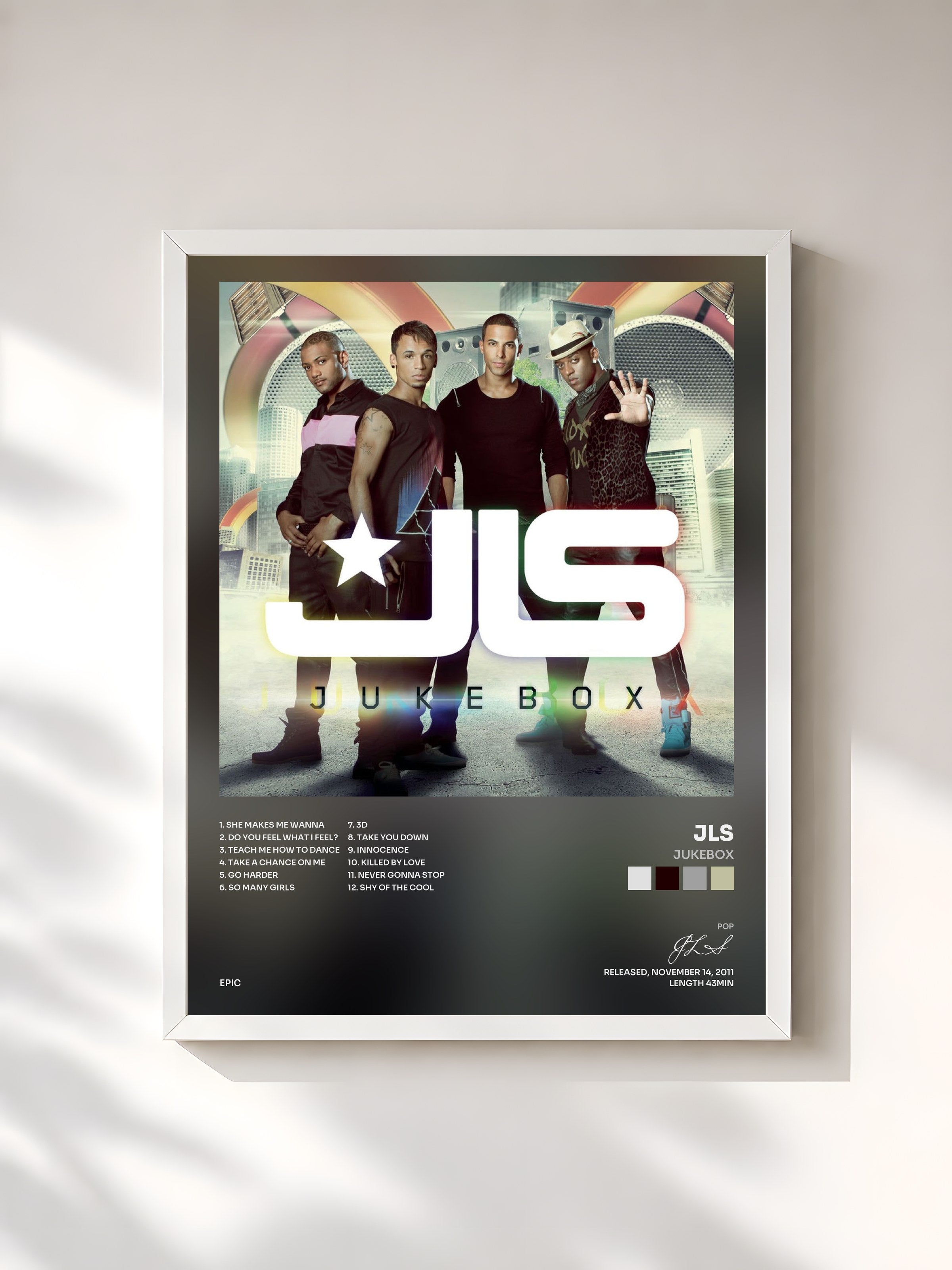 #blanc Tableau de l'album Jukebox de JLS, cadre blanc, imprimé et encadré en France
