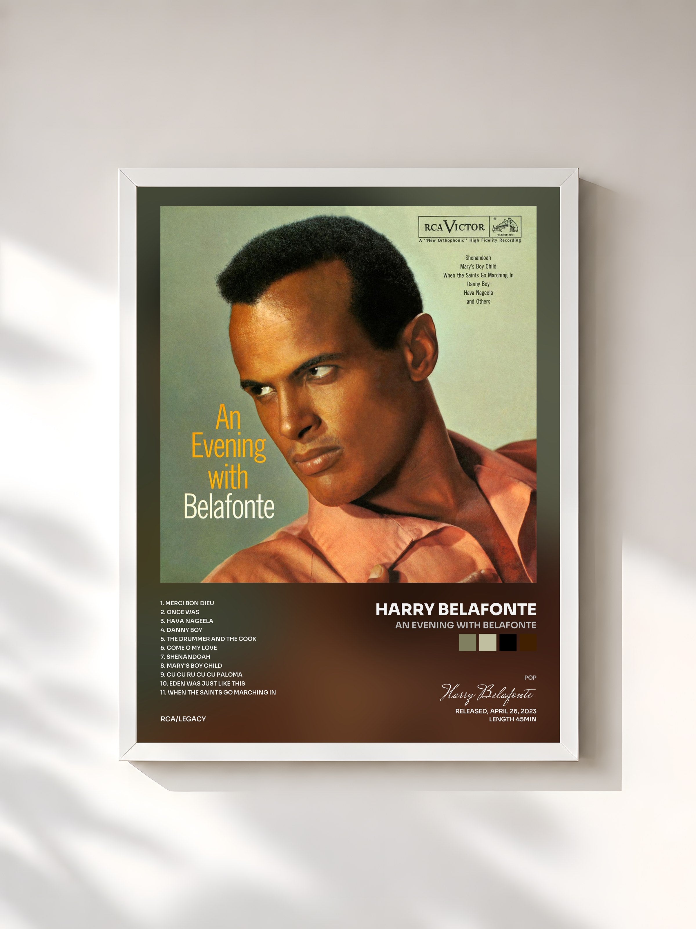 #blanc Tableau de l'album An Evening with Belafonte de Harry Belafonte, cadre blanc, imprimé et encadré en France
